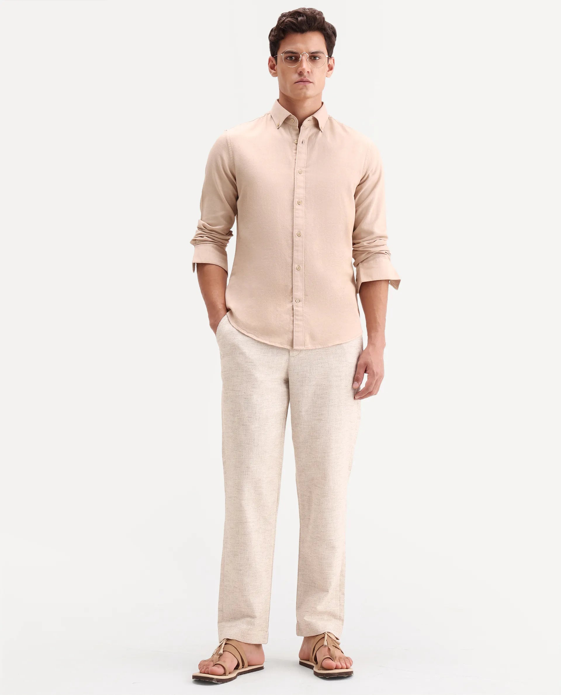 Rare Rabbit Men's Mina Beige Polyester Blend Fabric Regular Fit Plain Trouser