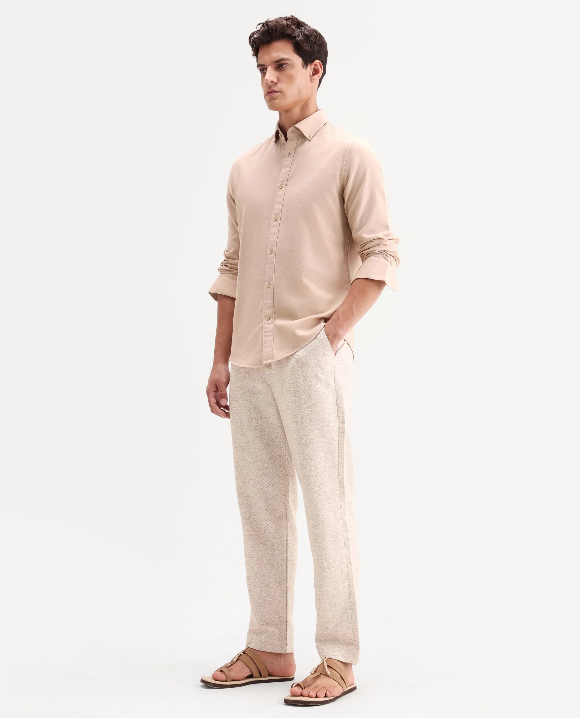 Rare Rabbit Men's Mina Beige Polyester Blend Fabric Regular Fit Plain Trouser