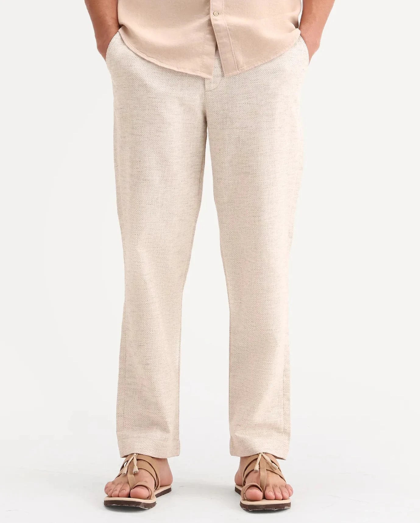 Rare Rabbit Men's Mina Beige Polyester Blend Fabric Regular Fit Plain Trouser