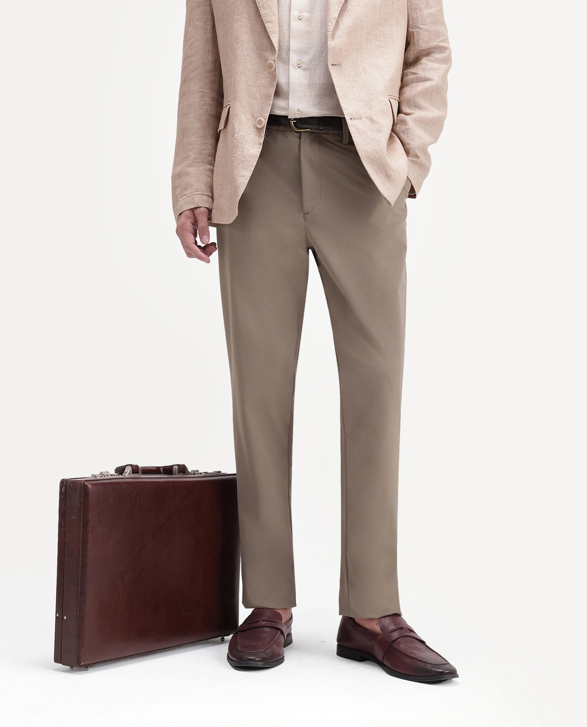 Rare Rabbit Men's Alvs Khaki Polyester Fabric Regular Fit Plain Trouser