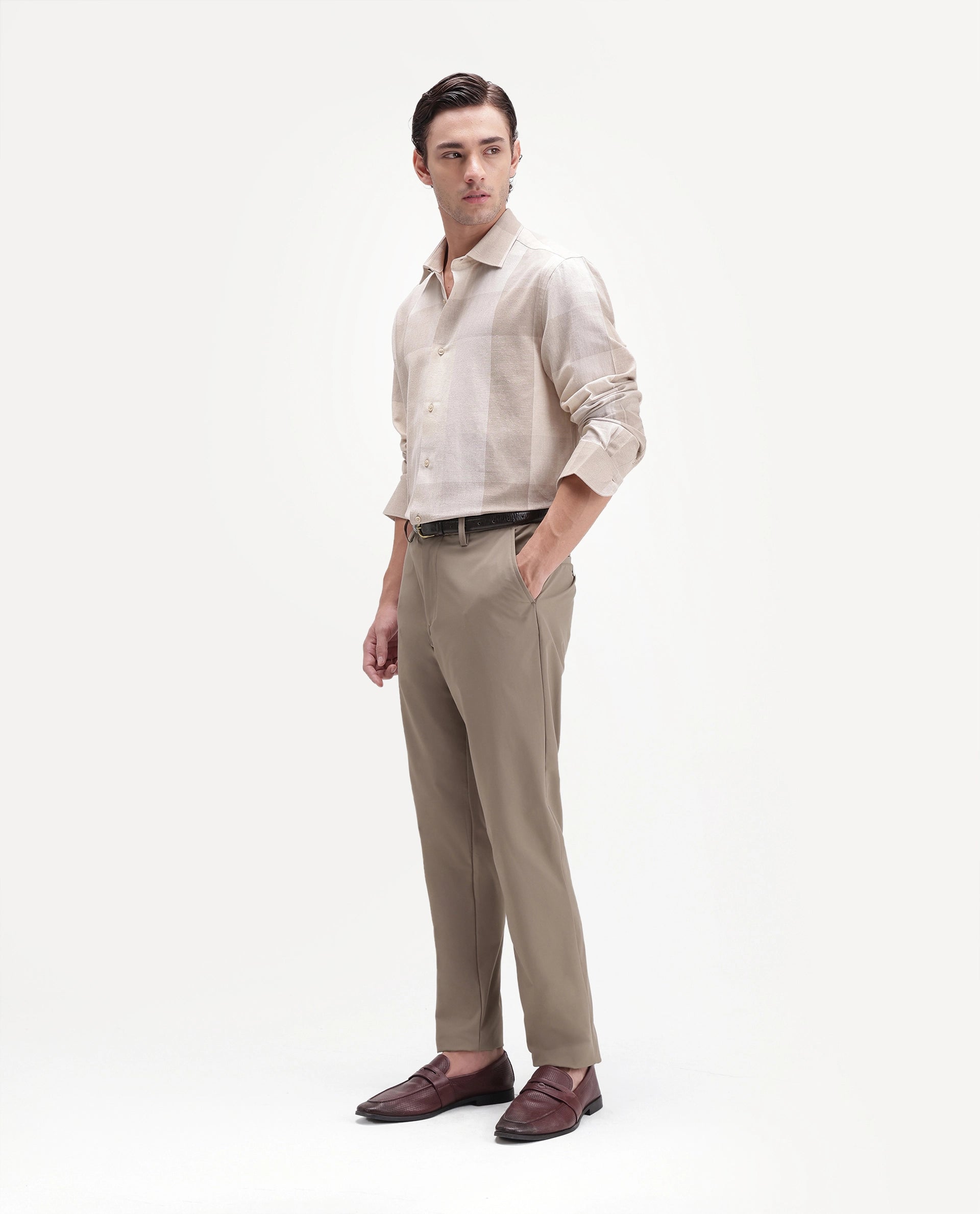 Rare Rabbit Men's Alvs Khaki Polyester Fabric Regular Fit Plain Trouser