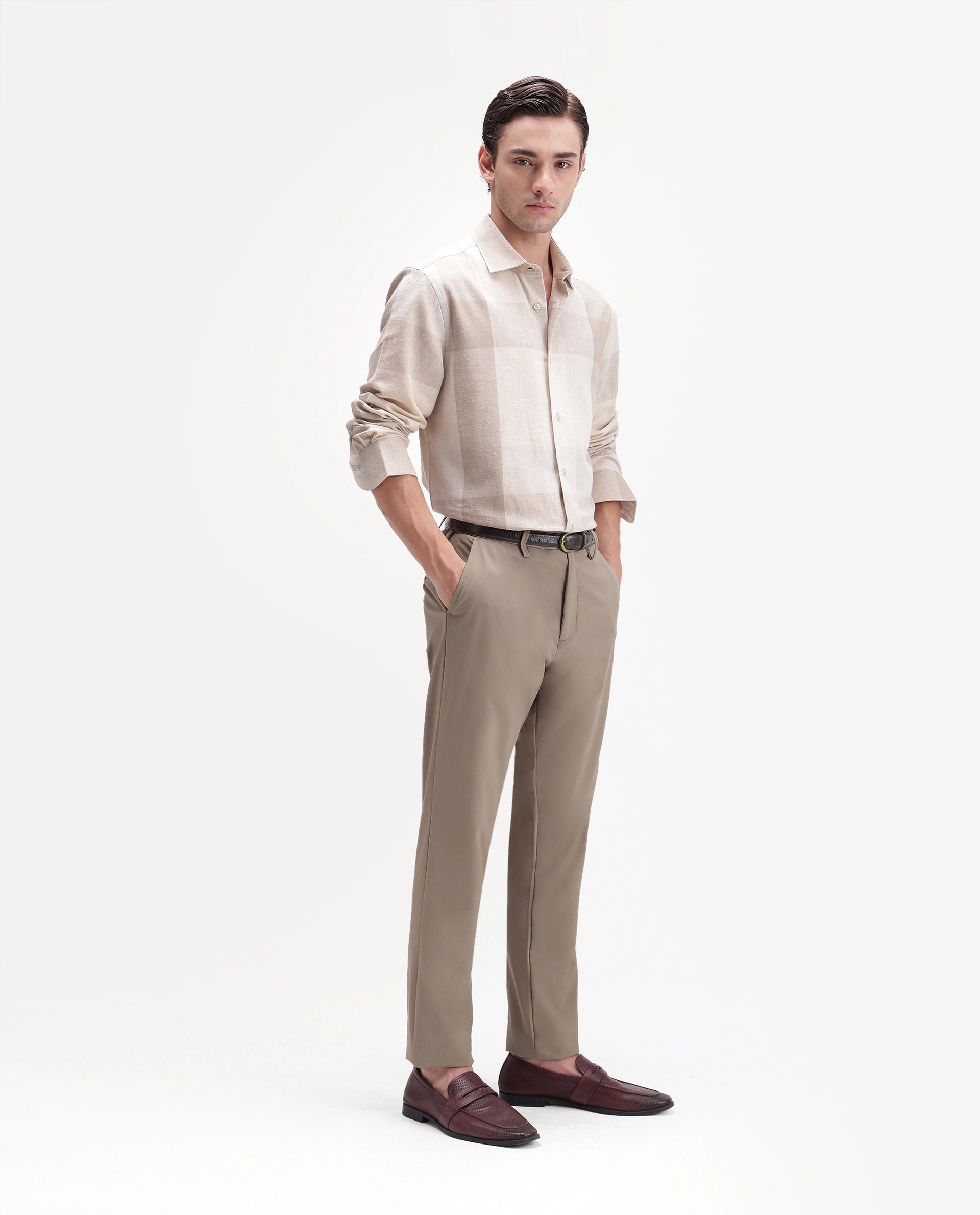 Rare Rabbit Men's Alvs Khaki Polyester Fabric Regular Fit Plain Trouser