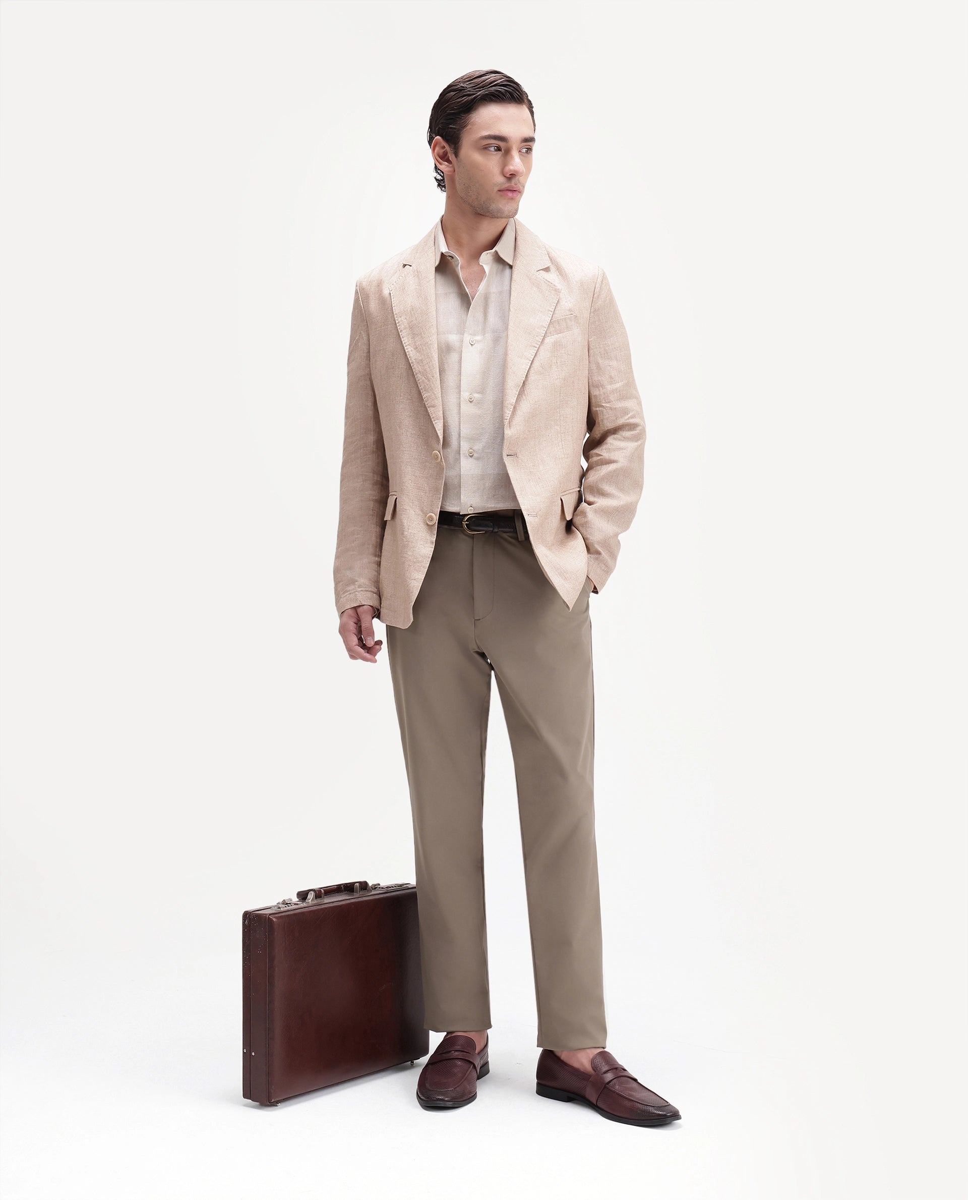 Rare Rabbit Men's Alvs Khaki Polyester Fabric Regular Fit Plain Trouser