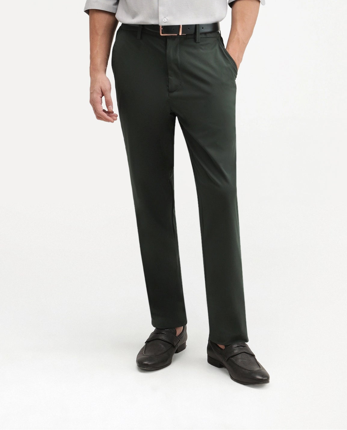 Rare Rabbit Men's Alvs Dark Green Polyester Fabric Regular Fit Plain Trouser