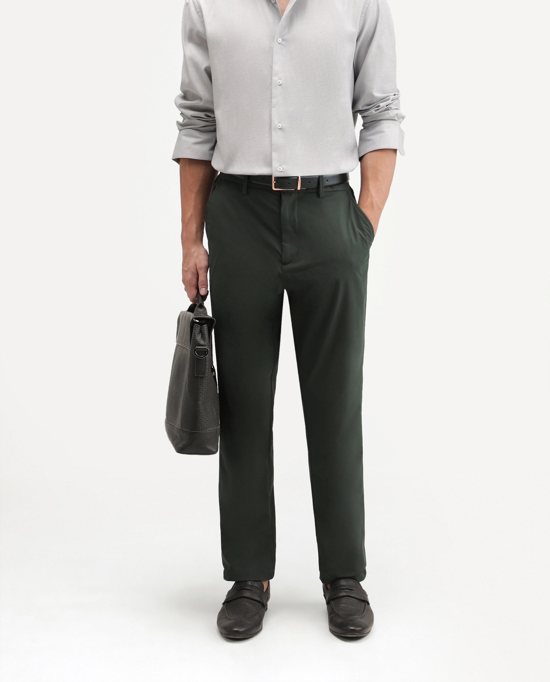 Rare Rabbit Men's Alvs Dark Green Polyester Fabric Regular Fit Plain Trouser