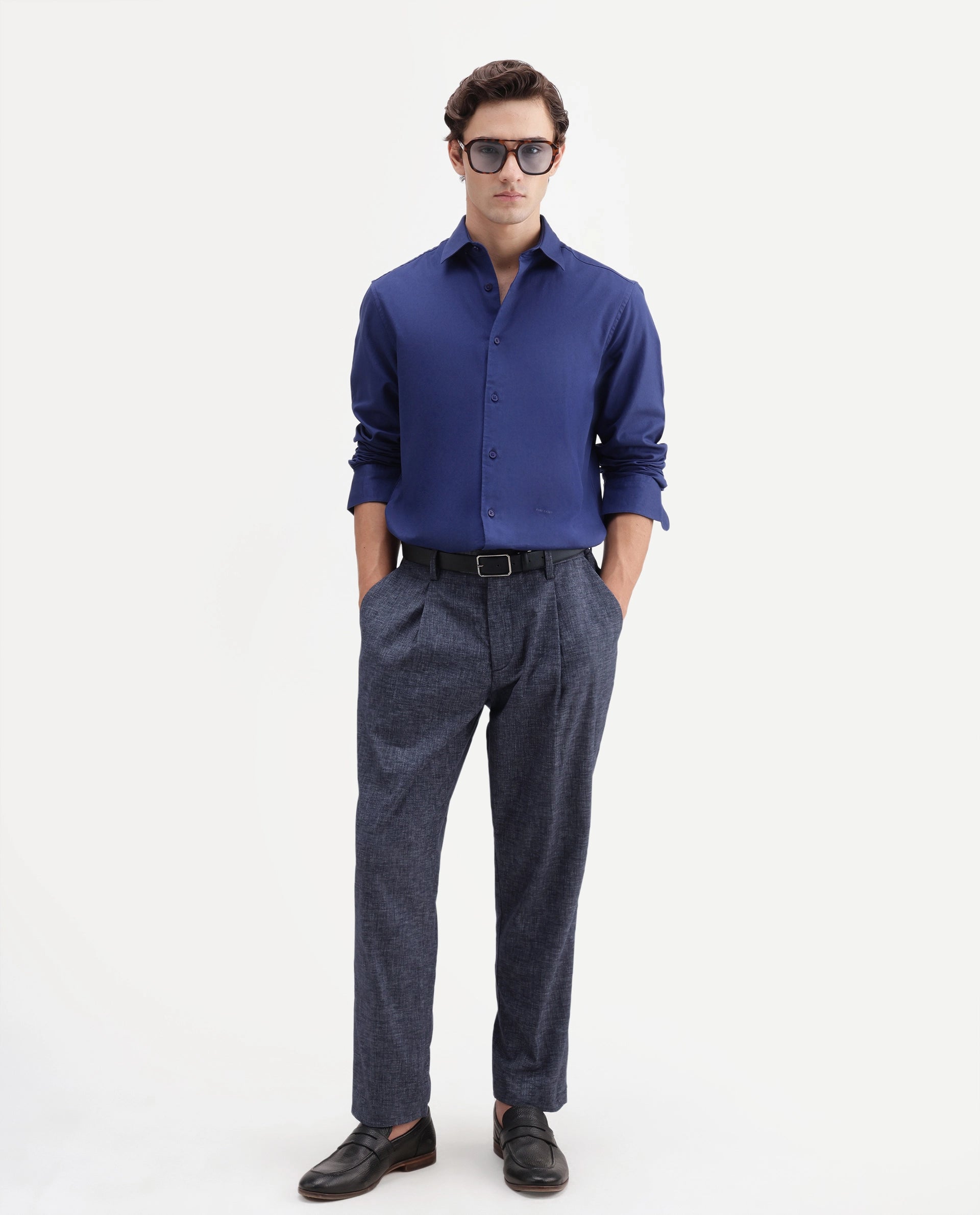 Rare Rabbit Men's Cami Dark Blue Cotton Blend Fabric Regular Fit Plain Trouser