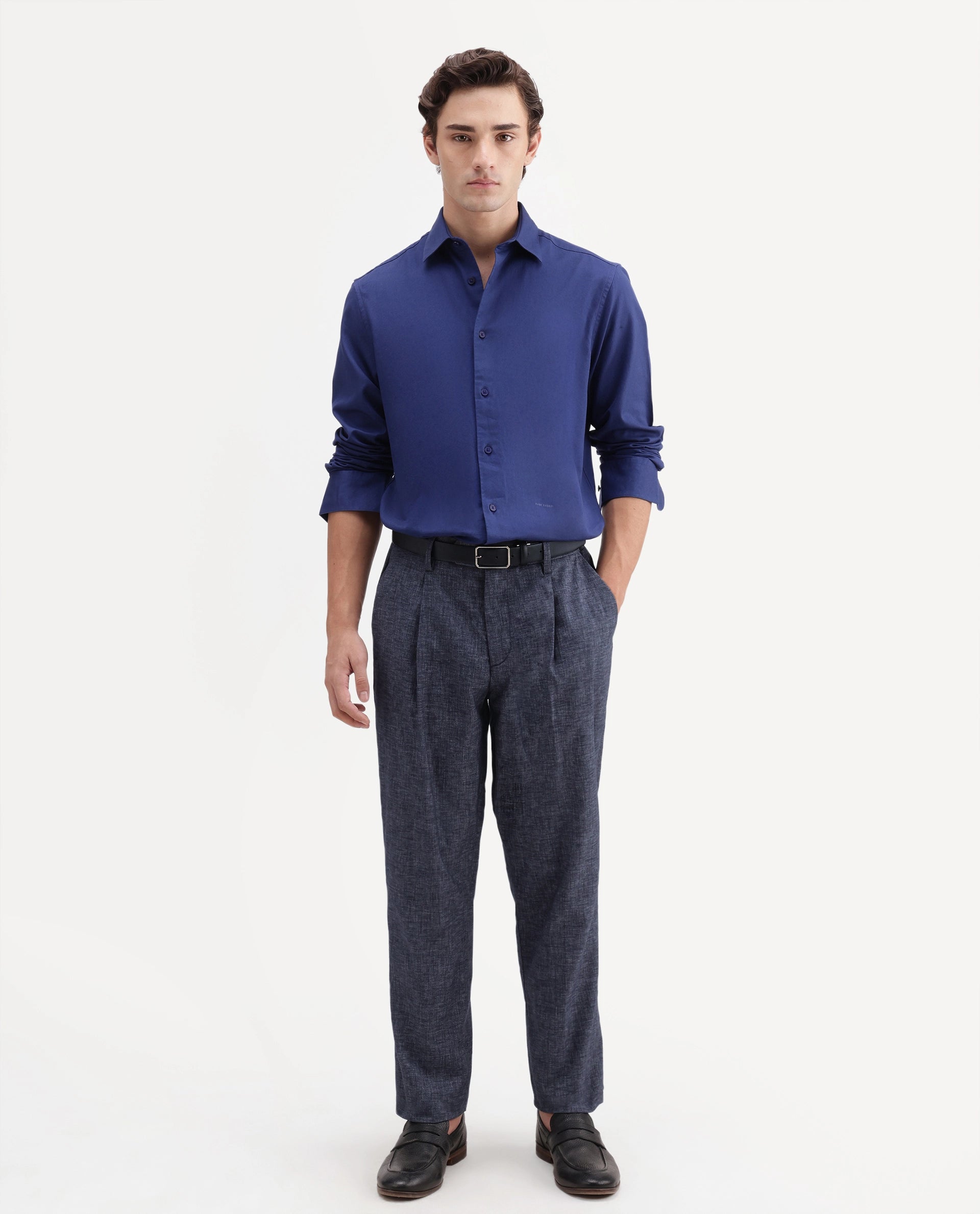 Rare Rabbit Men's Cami Dark Blue Cotton Blend Fabric Regular Fit Plain Trouser