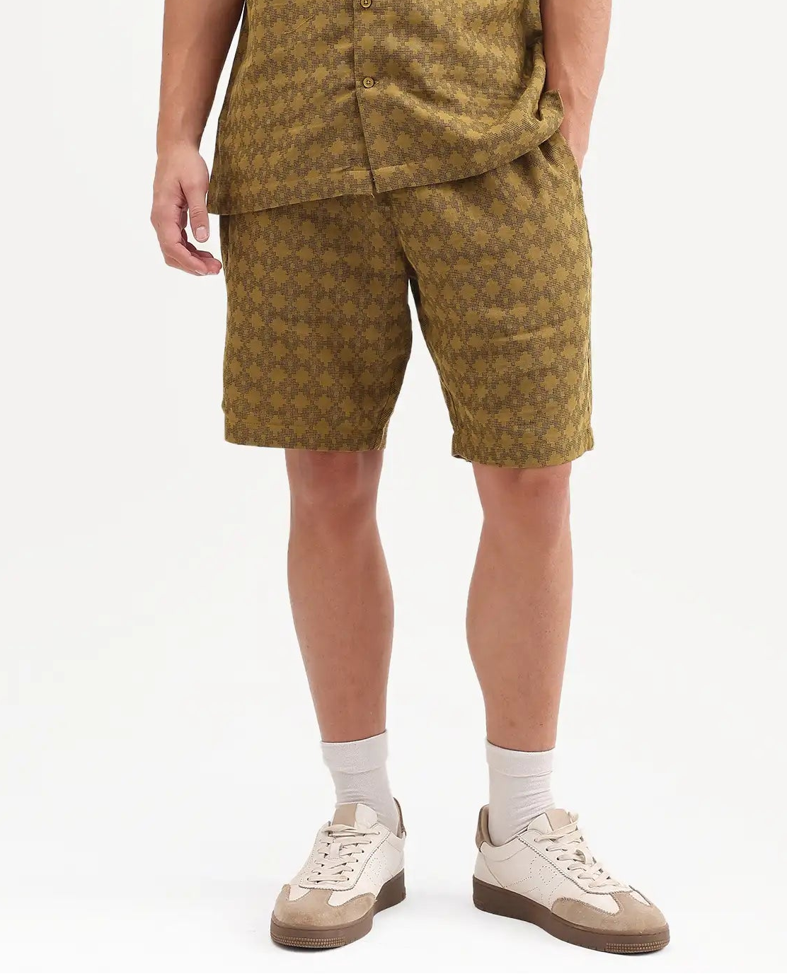 Rare Rabbit Men's Rance-T Mustard Cotton Fabric Regular Fit Plain Geometric Print Shorts