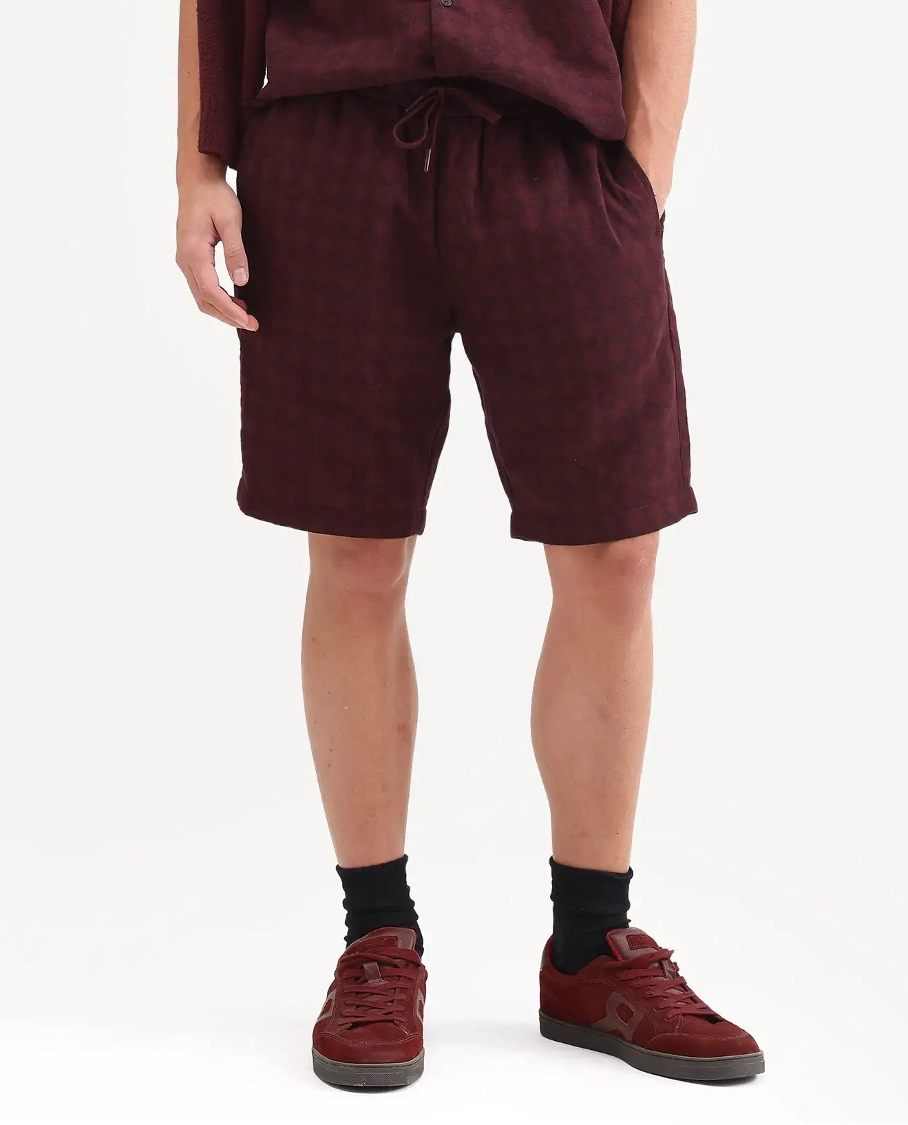 Rare Rabbit Men's Rance-T Dark Red Cotton Fabric Regular Fit Plain Geometric Print Shorts