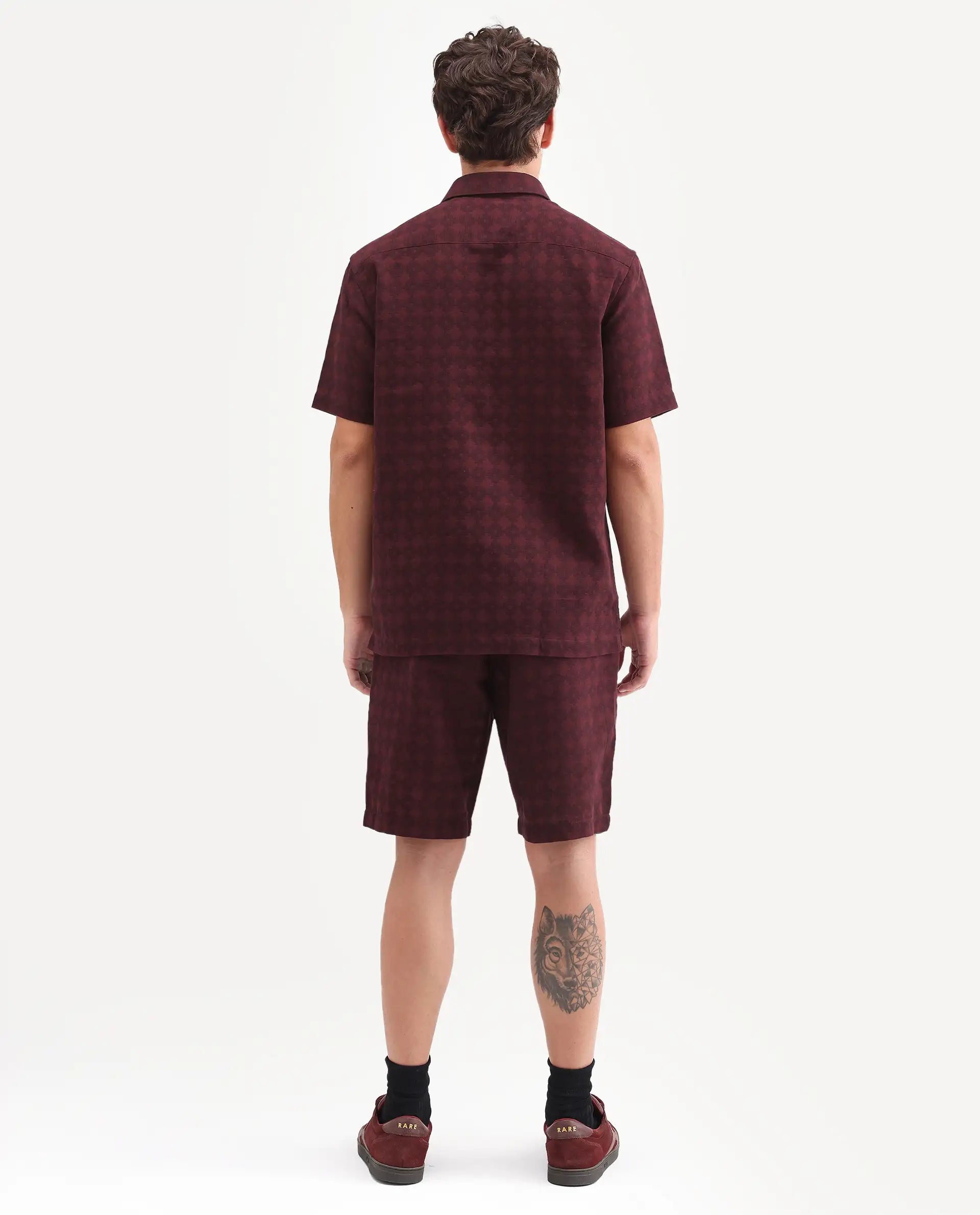 Rare Rabbit Men's Rance-T Dark Red Cotton Fabric Regular Fit Plain Geometric Print Shorts