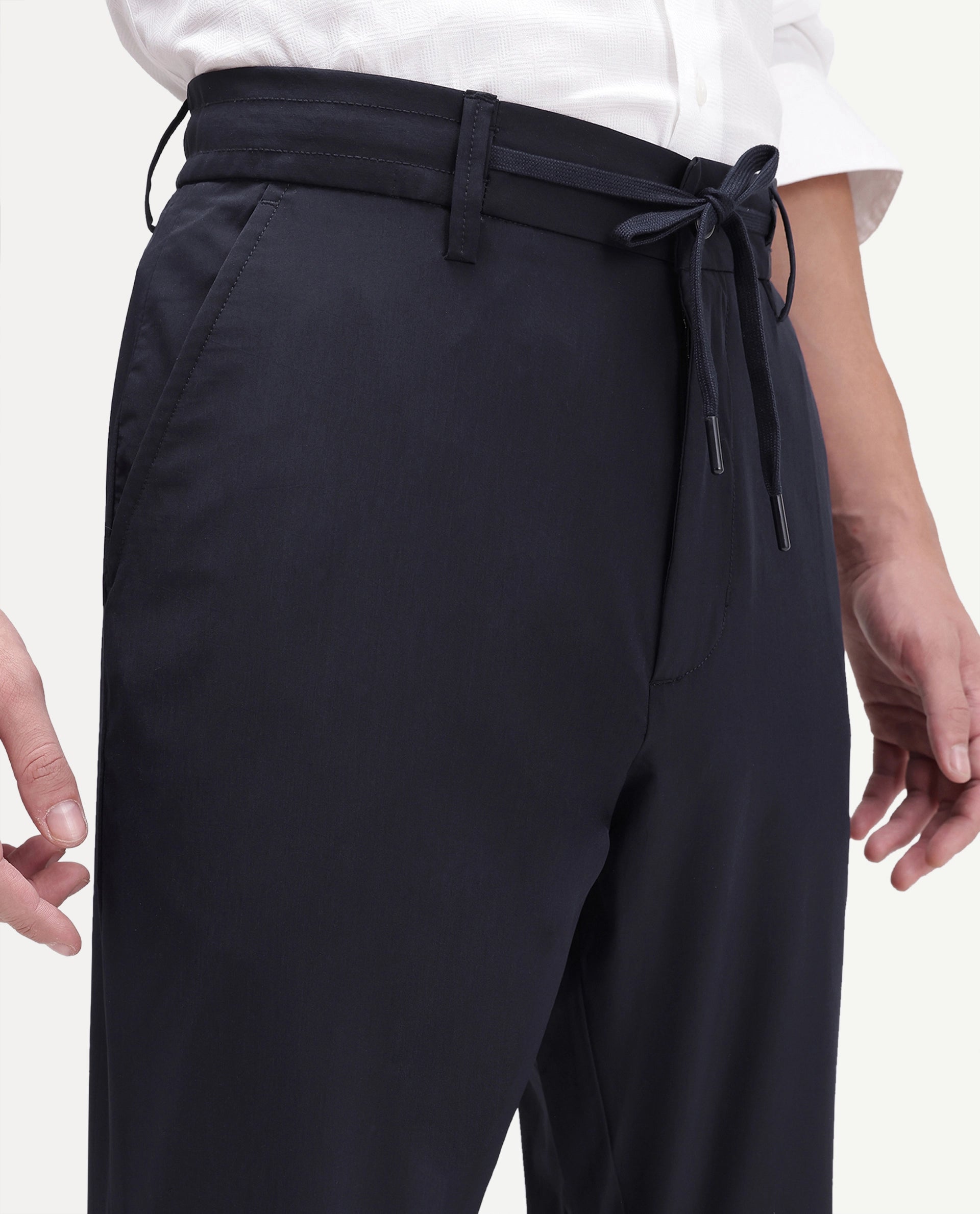 Rare Rabbit Men's Edom-B Navy Polyester Blend Fabric Regular Fit Plain Trouser