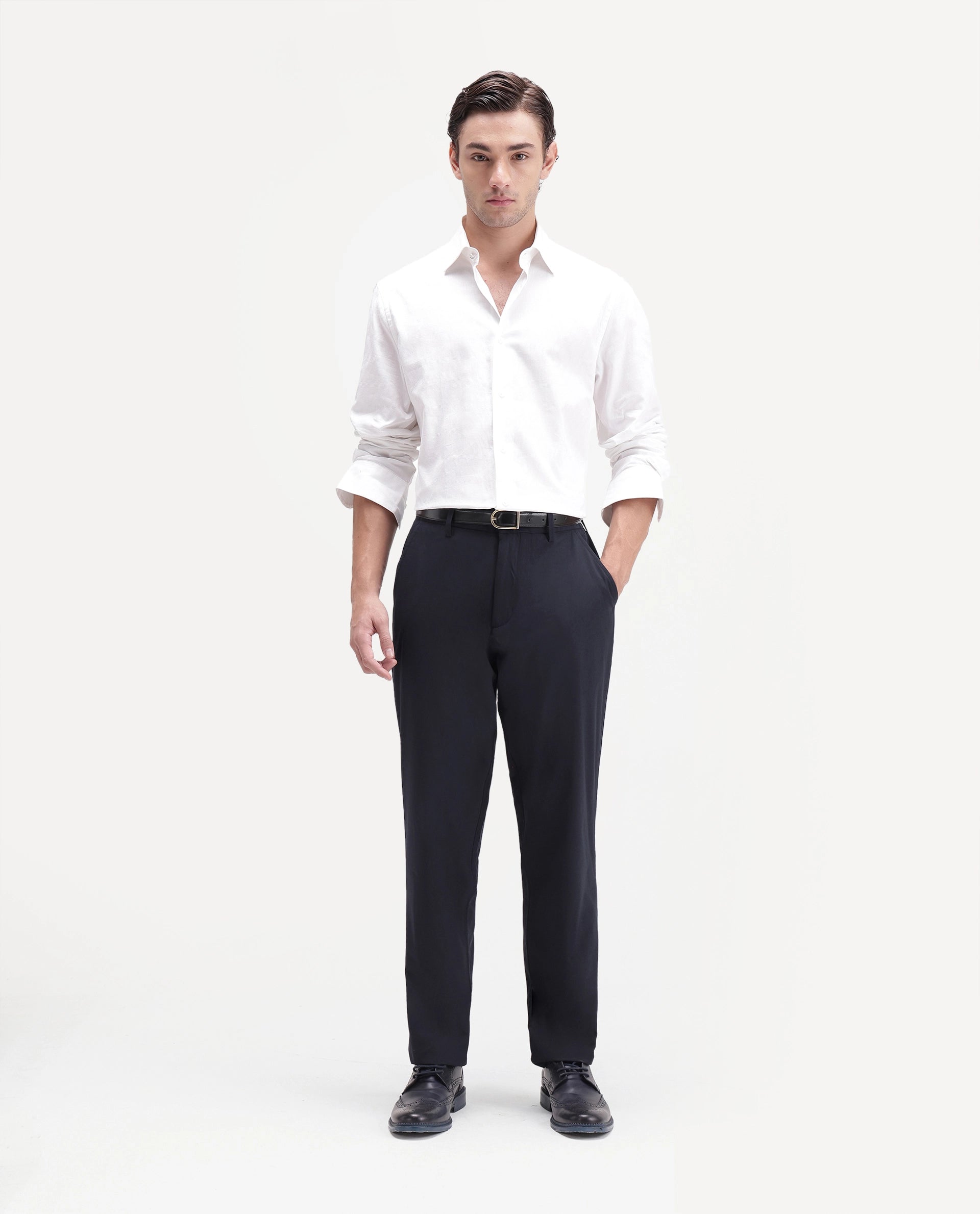 Rare Rabbit Men's Edom-B Navy Polyester Blend Fabric Regular Fit Plain Trouser