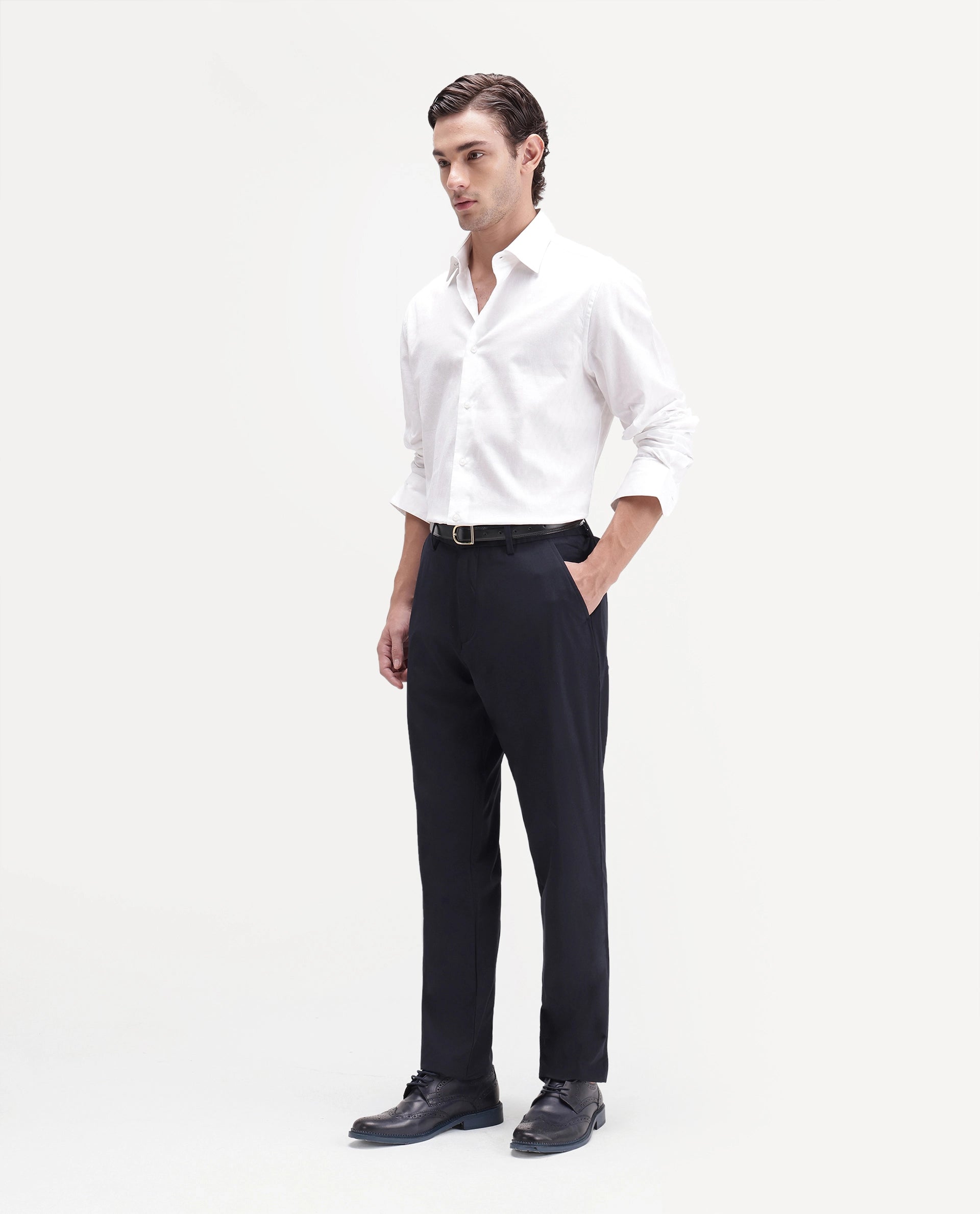 Rare Rabbit Men's Edom-B Navy Polyester Blend Fabric Regular Fit Plain Trouser