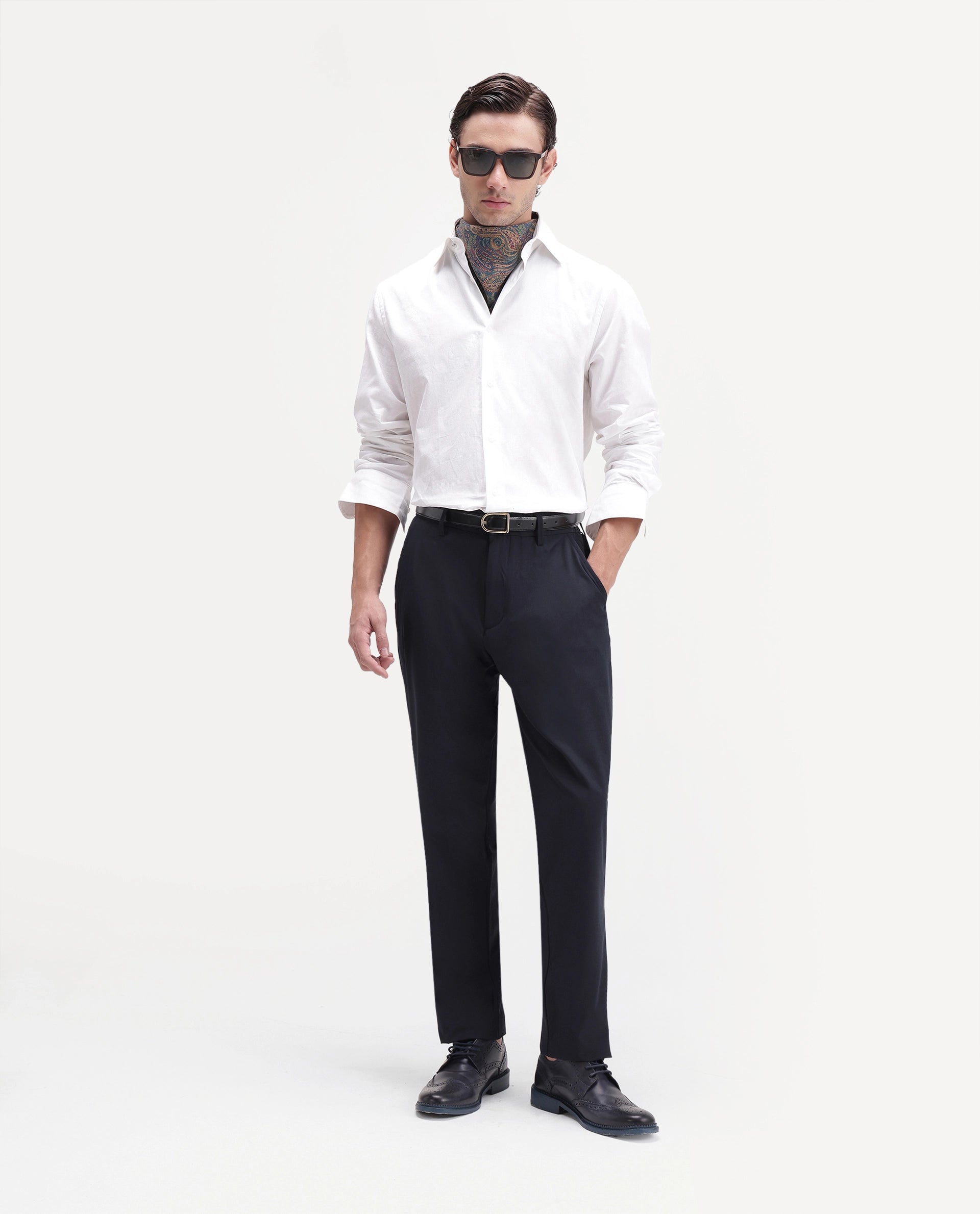 Rare Rabbit Men's Edom-B Navy Polyester Blend Fabric Regular Fit Plain Trouser