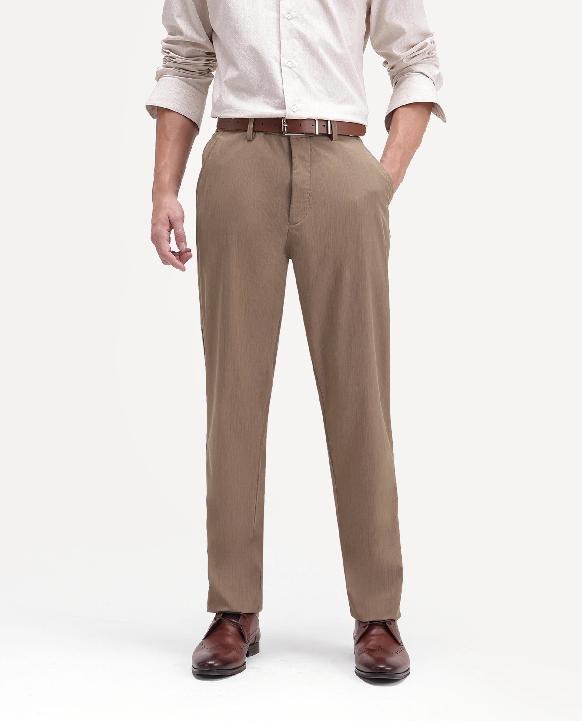 Rare Rabbit Men's Edom-B Light Brown Polyester Blend Fabric Regular Fit Plain Trouser