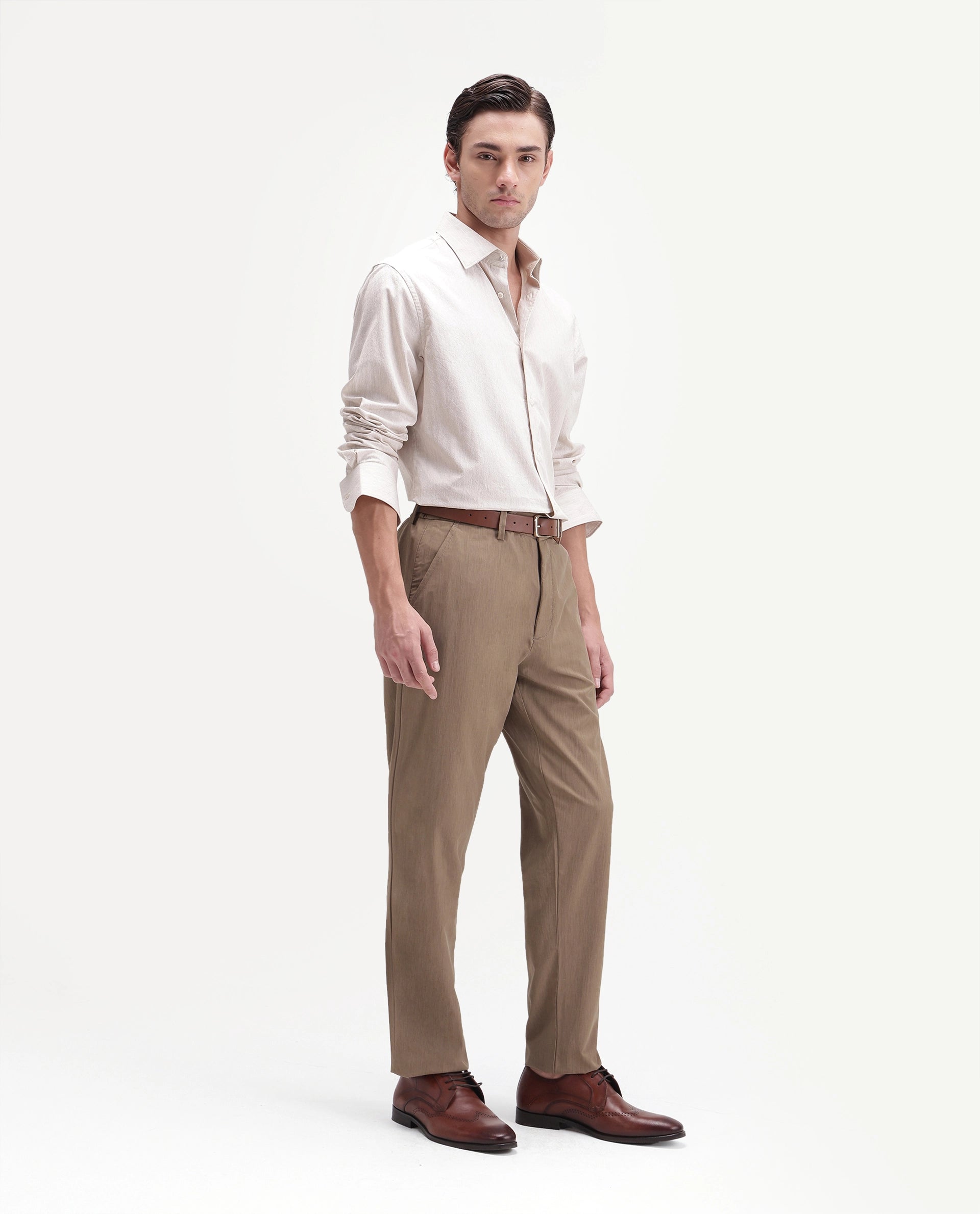 Rare Rabbit Men's Edom-B Light Brown Polyester Blend Fabric Regular Fit Plain Trouser