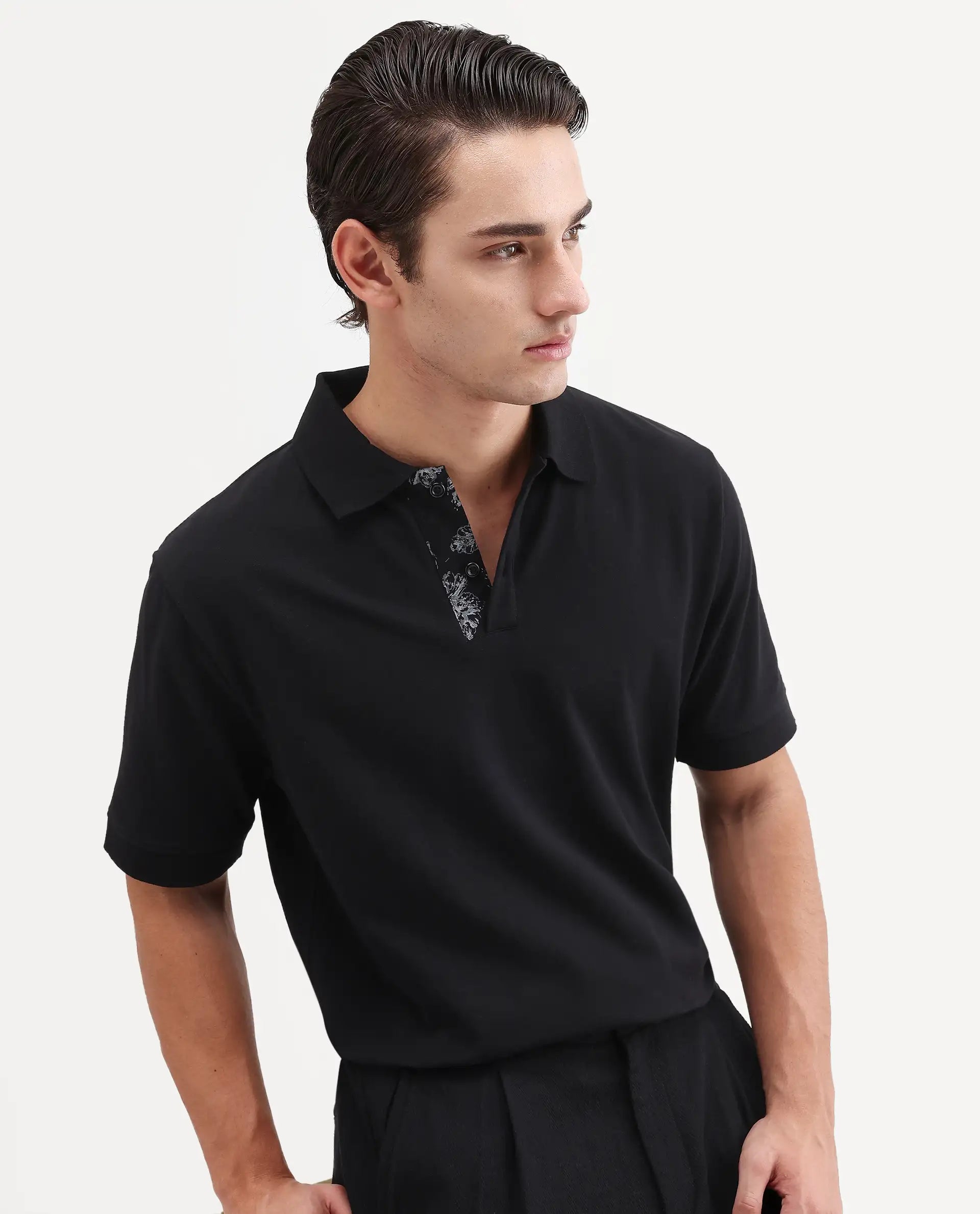 Rare Rabbit Men's Verlo Black Cotton Blend Fabric Half Sleeve Spread Collar Regular Fit Plain Polo