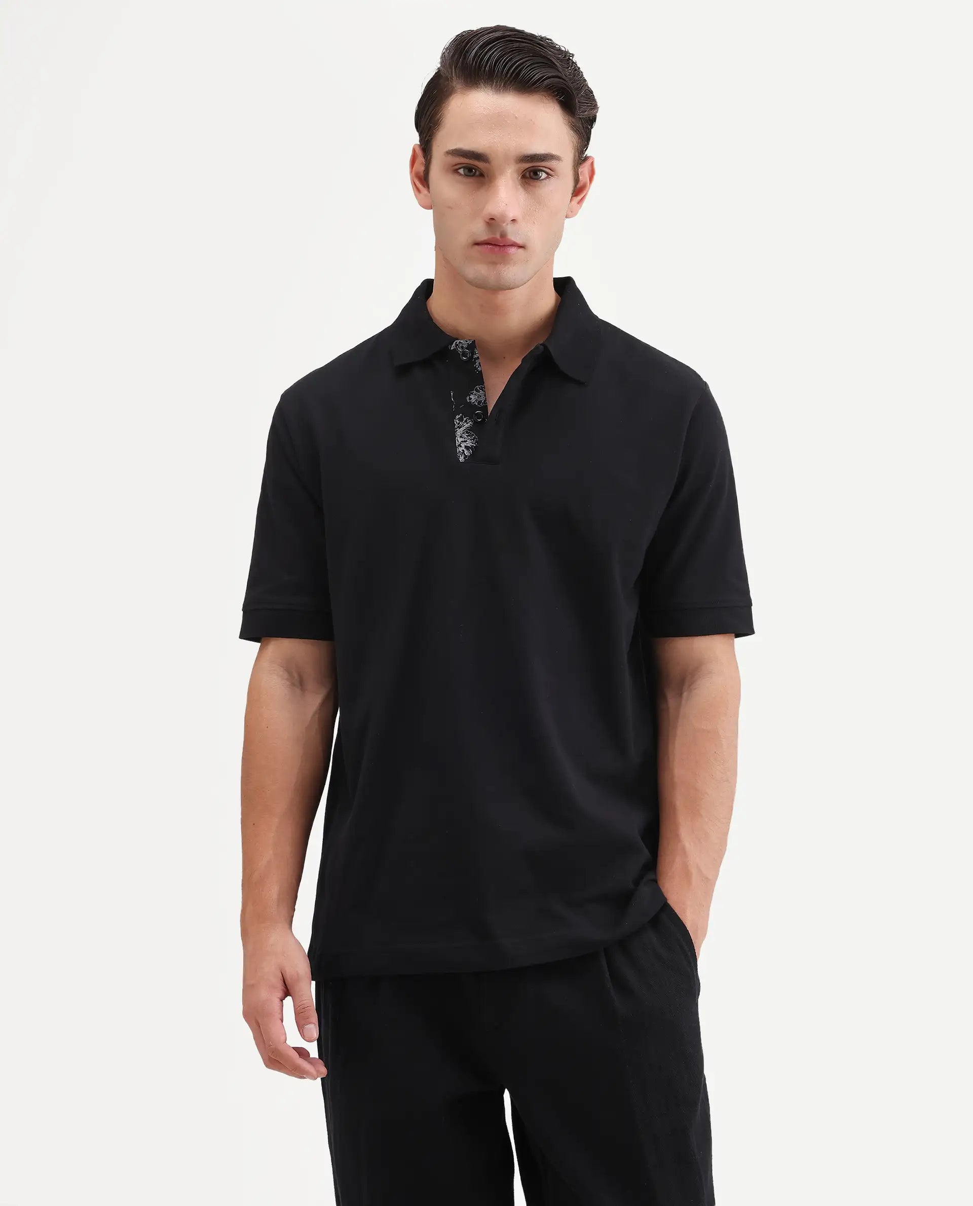 Rare Rabbit Men's Verlo Black Cotton Blend Fabric Half Sleeve Spread Collar Regular Fit Plain Polo