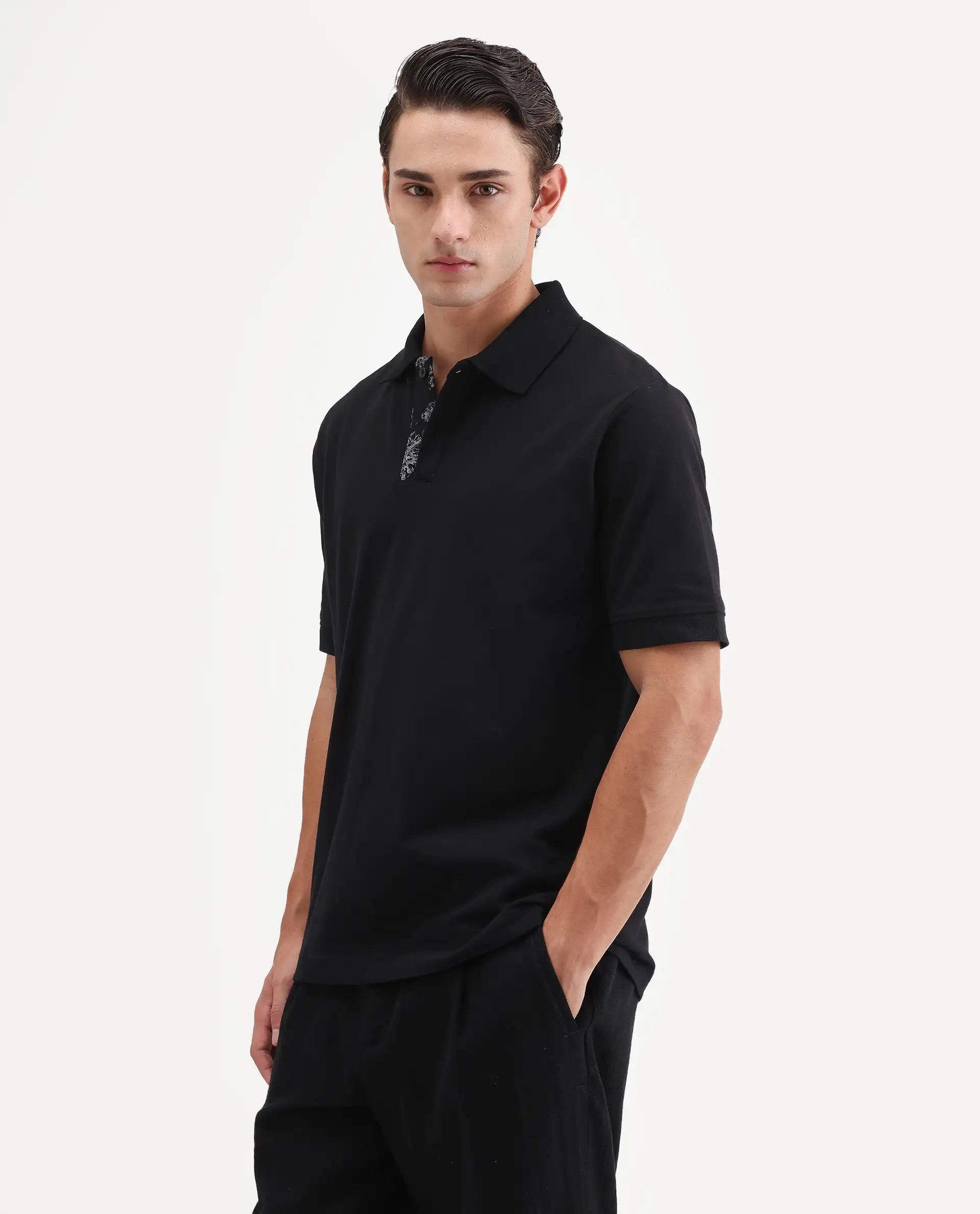 Rare Rabbit Men's Verlo Black Cotton Blend Fabric Half Sleeve Spread Collar Regular Fit Plain Polo