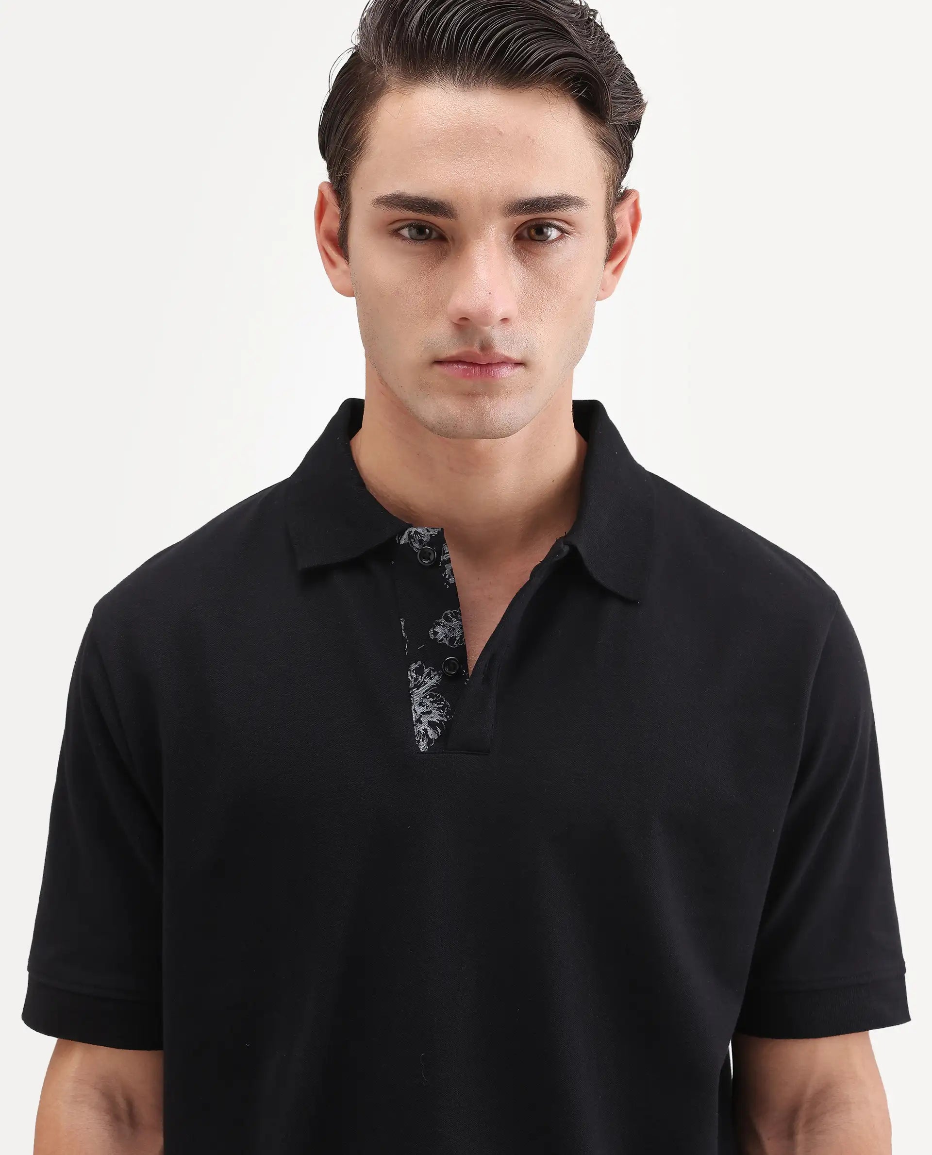Rare Rabbit Men's Verlo Black Cotton Blend Fabric Half Sleeve Spread Collar Regular Fit Plain Polo