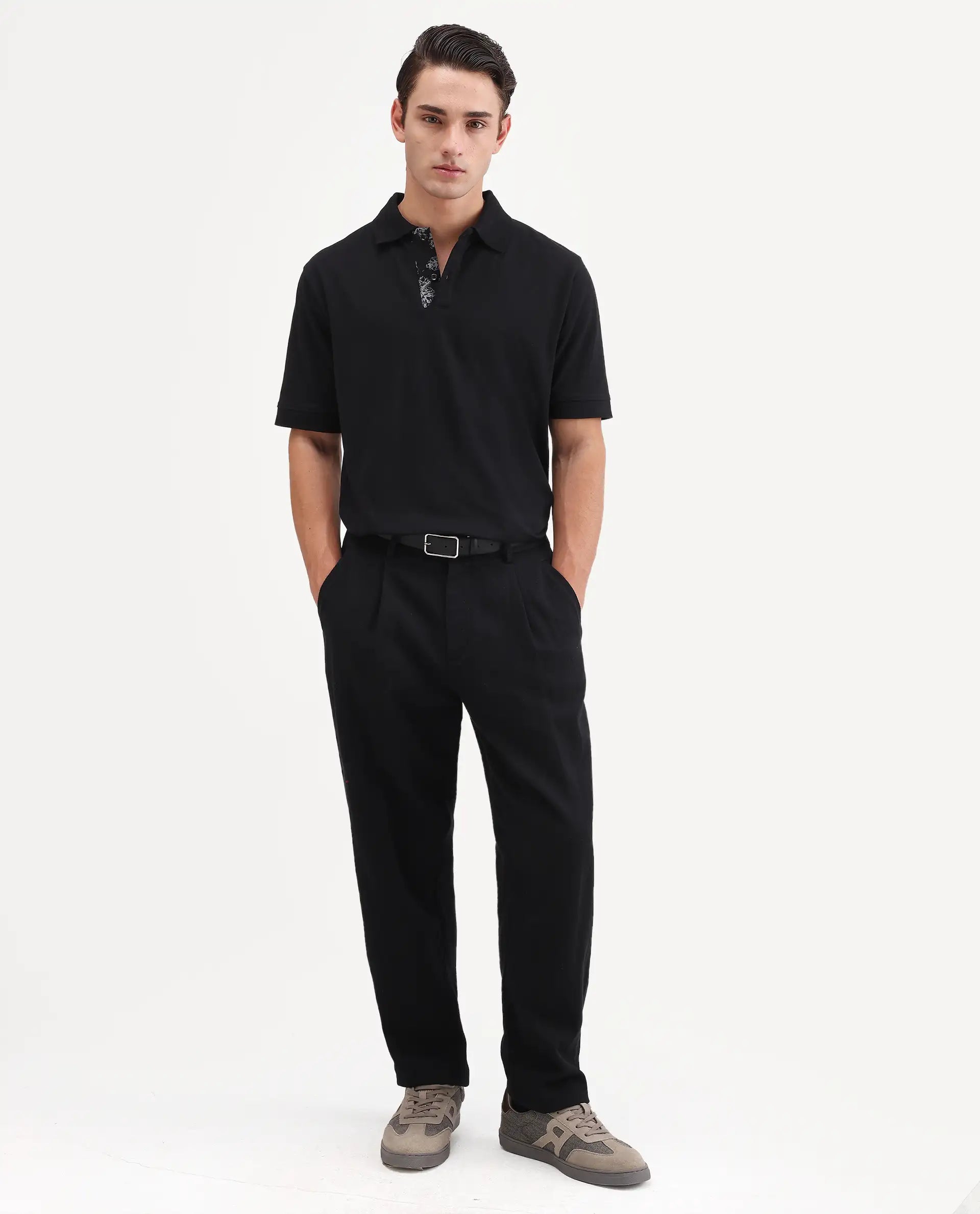 Rare Rabbit Men's Verlo Black Cotton Blend Fabric Half Sleeve Spread Collar Regular Fit Plain Polo