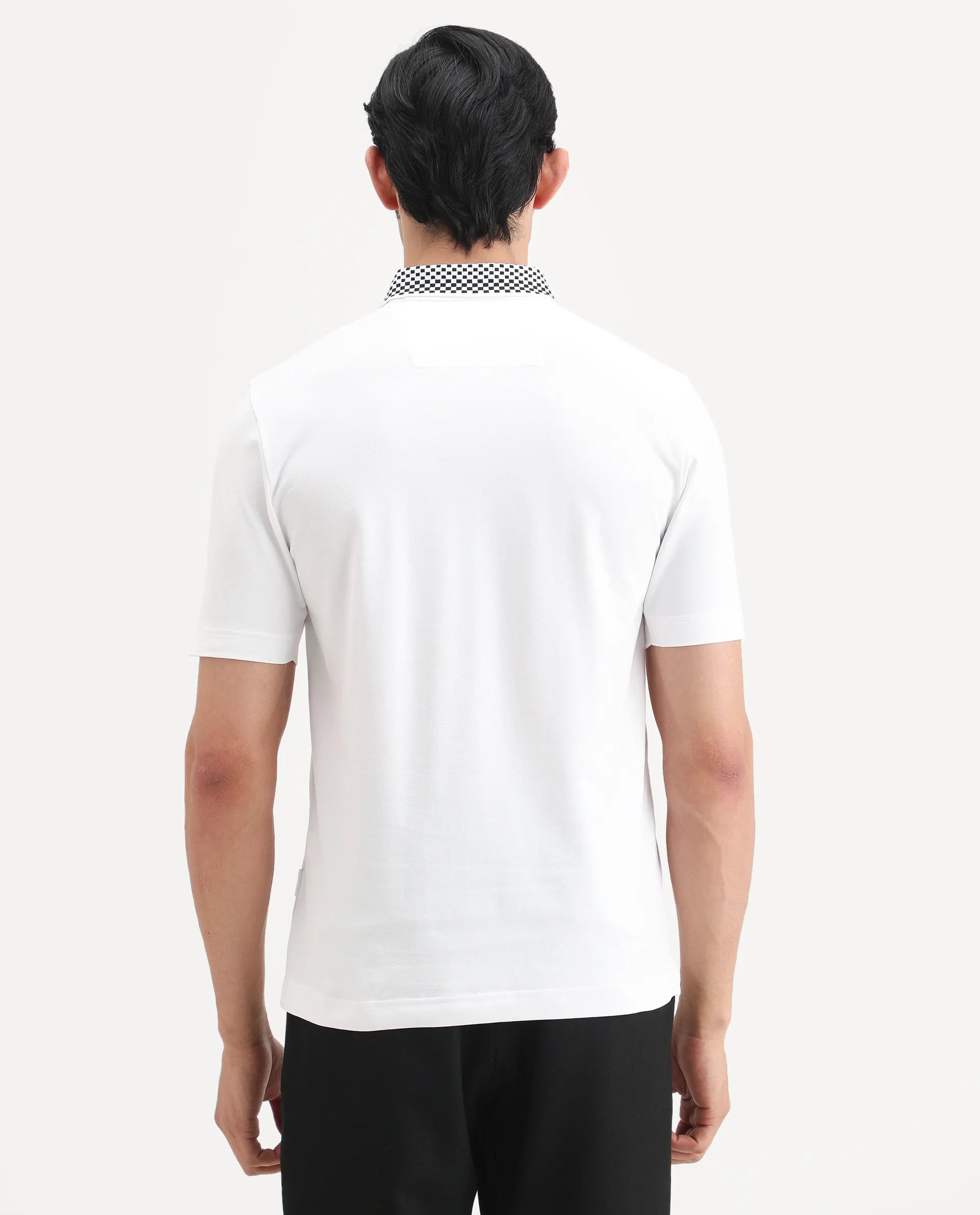 Rare Rabbit Men's Chesk White Cotton Blend Fabric Half Sleeve Spread Collar Regular Fit Plain Polo