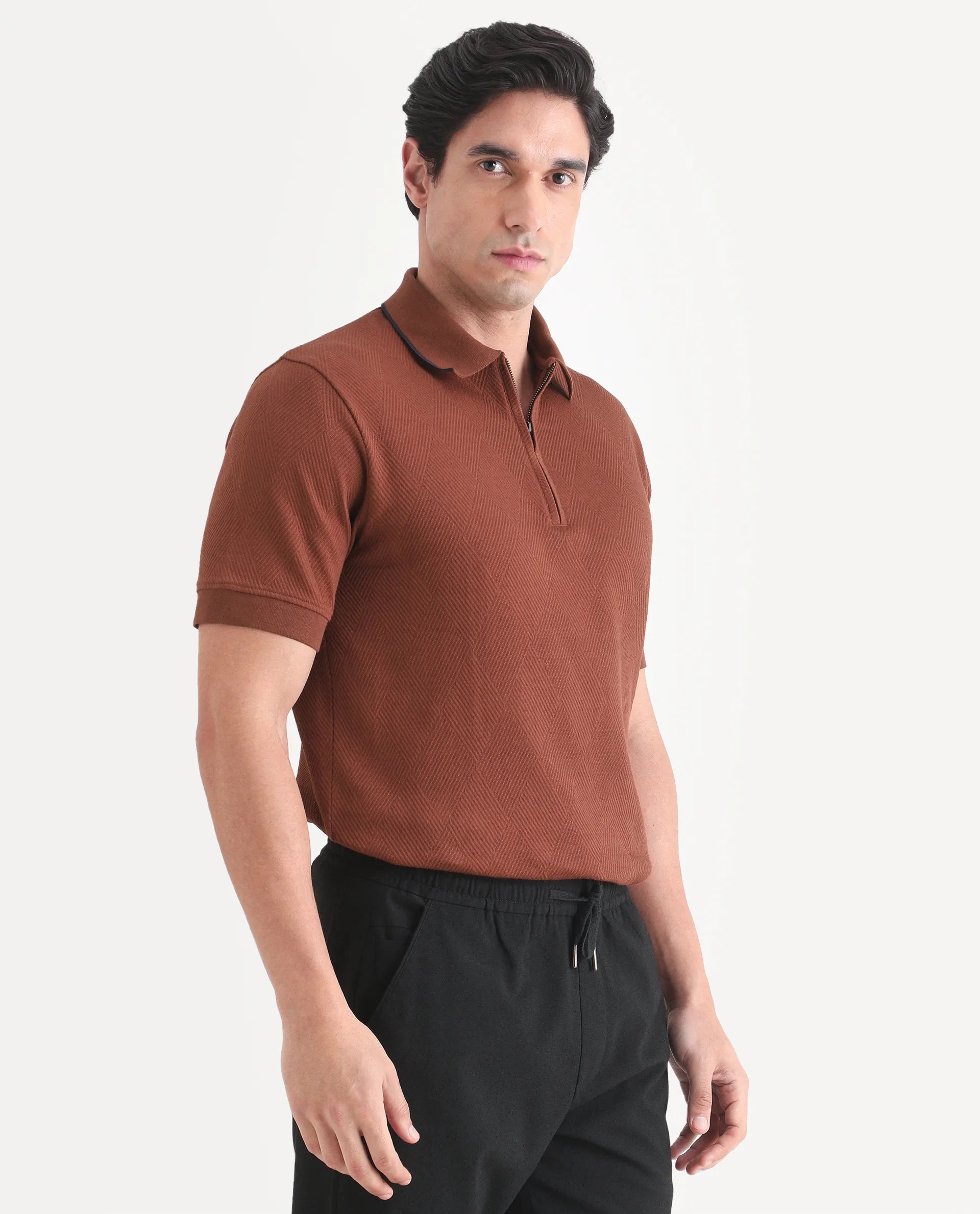Rare Rabbit Men's Argyn Rust Cotton Fabric Half Sleeve Spread Collar Regular Fit Textured Polo