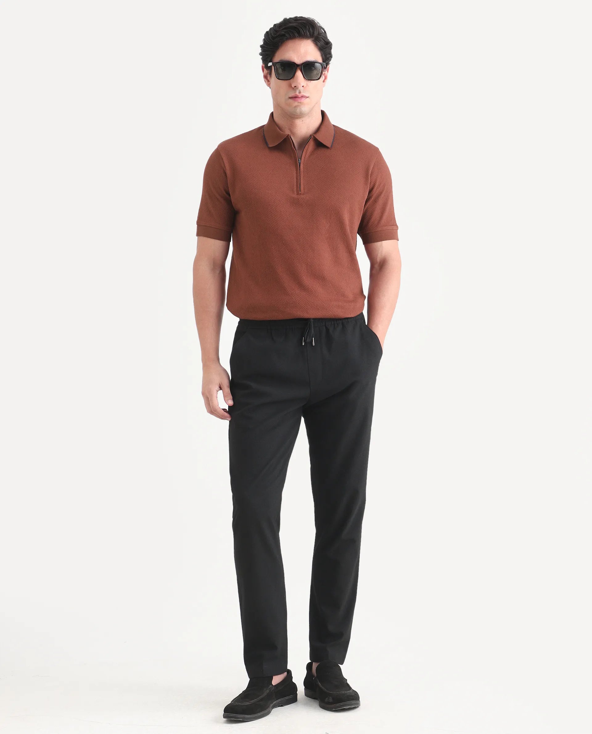 Rare Rabbit Men's Argyn Rust Cotton Fabric Half Sleeve Spread Collar Regular Fit Textured Polo