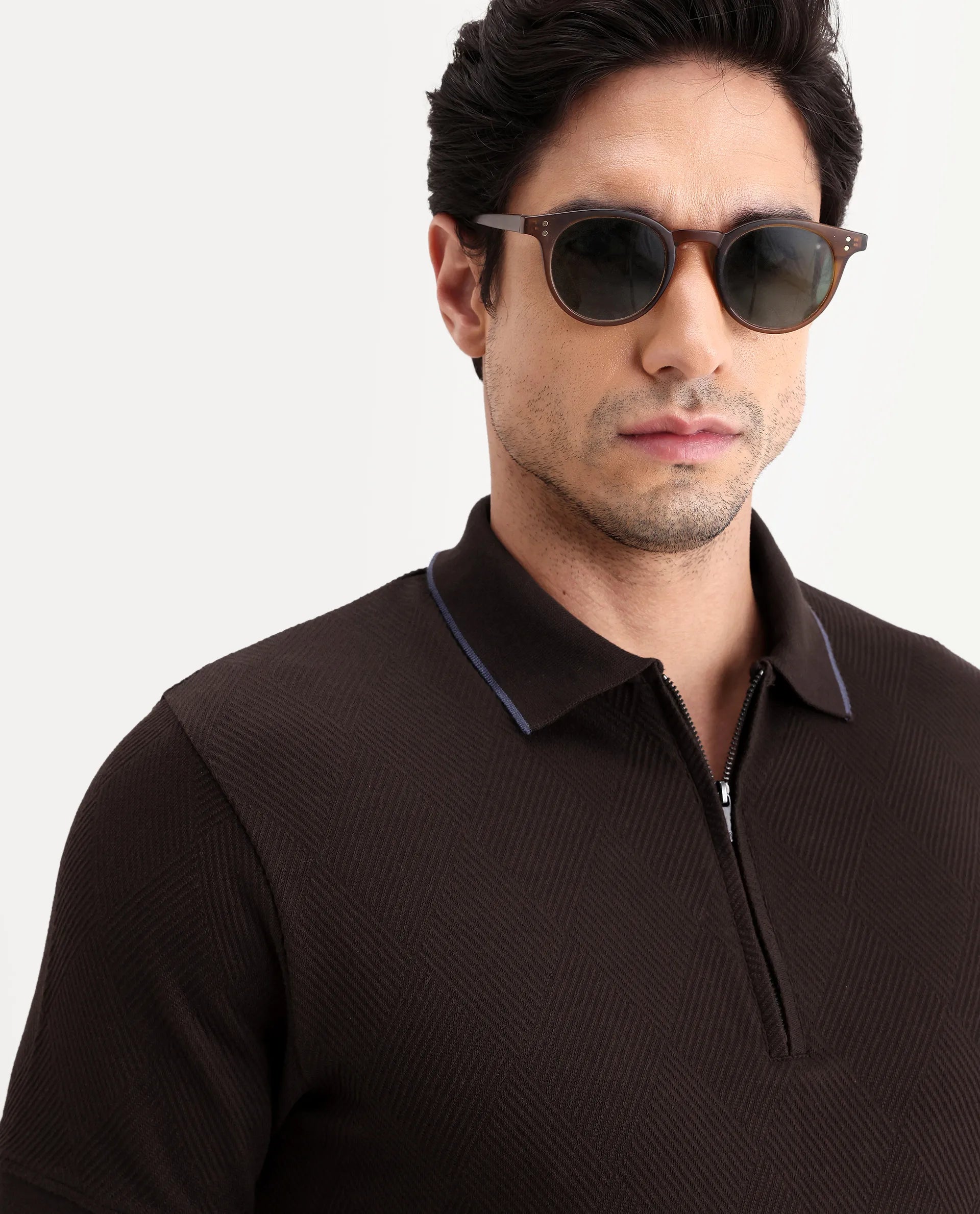 Rare Rabbit Men's Argyn Dark Brown Cotton Fabric Half Sleeve Spread Collar Regular Fit Textured Polo