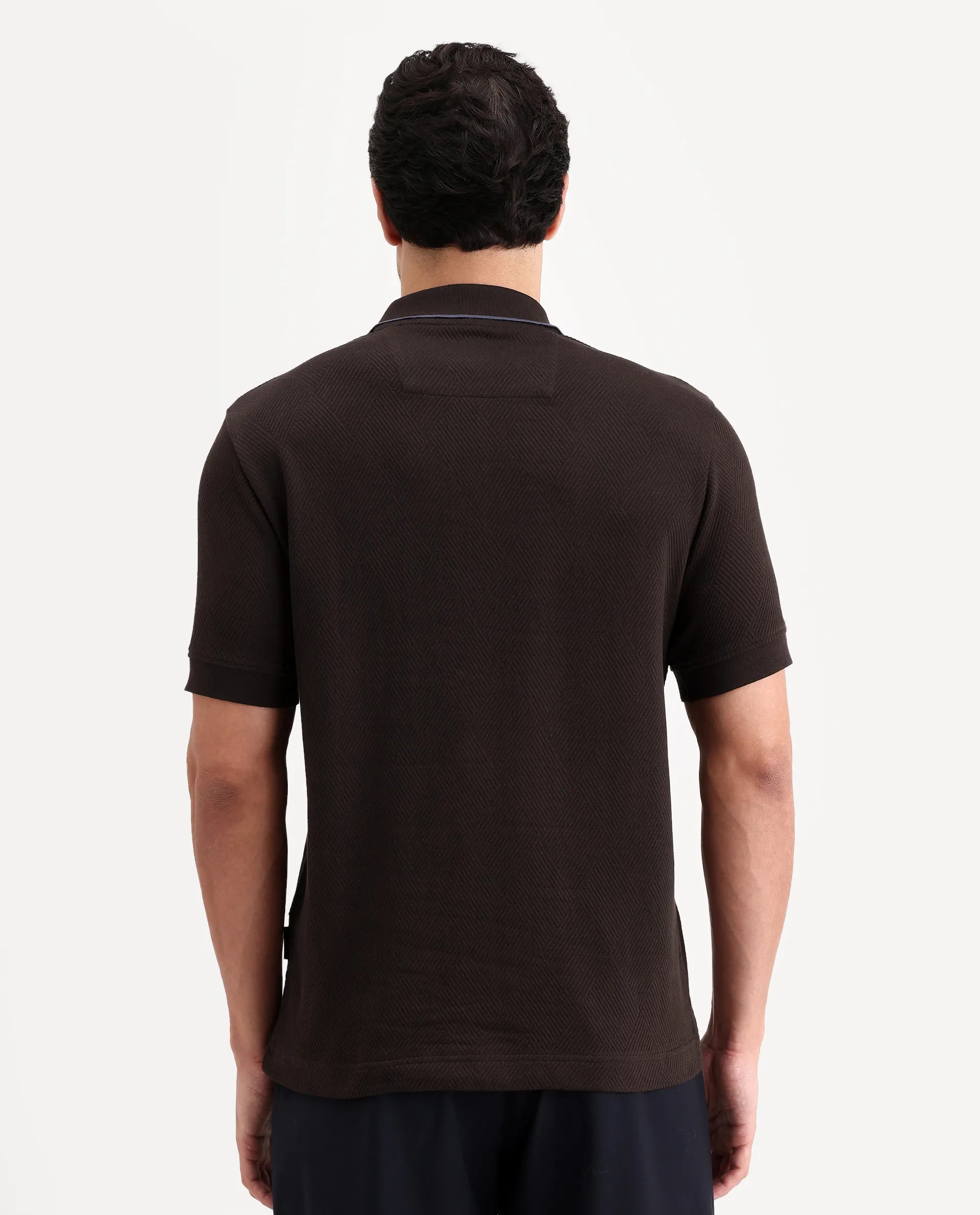 Rare Rabbit Men's Argyn Dark Brown Cotton Fabric Half Sleeve Spread Collar Regular Fit Textured Polo