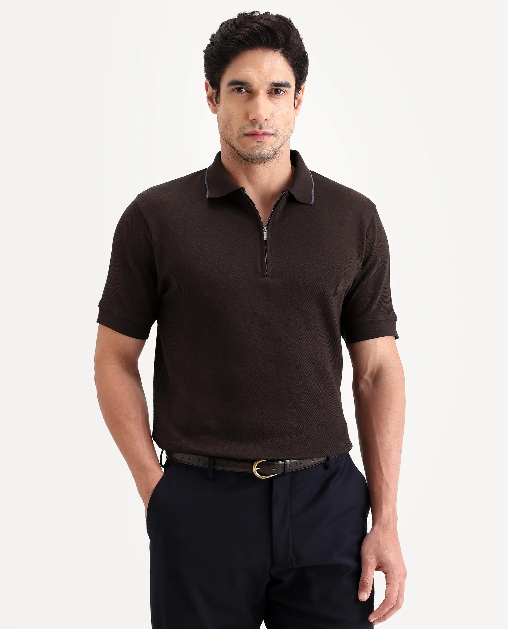 Rare Rabbit Men's Argyn Dark Brown Cotton Fabric Half Sleeve Spread Collar Regular Fit Textured Polo
