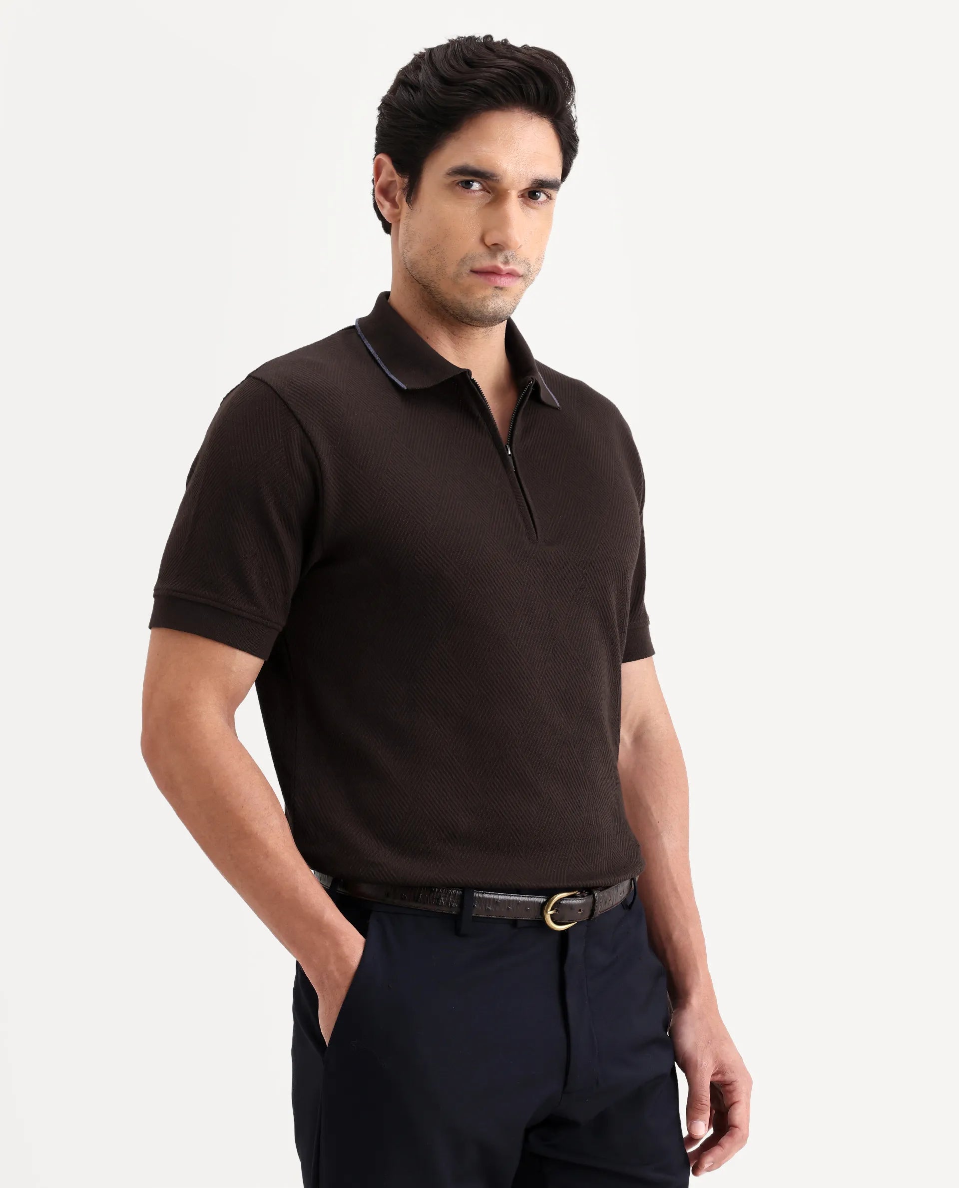 Rare Rabbit Men's Argyn Dark Brown Cotton Fabric Half Sleeve Spread Collar Regular Fit Textured Polo