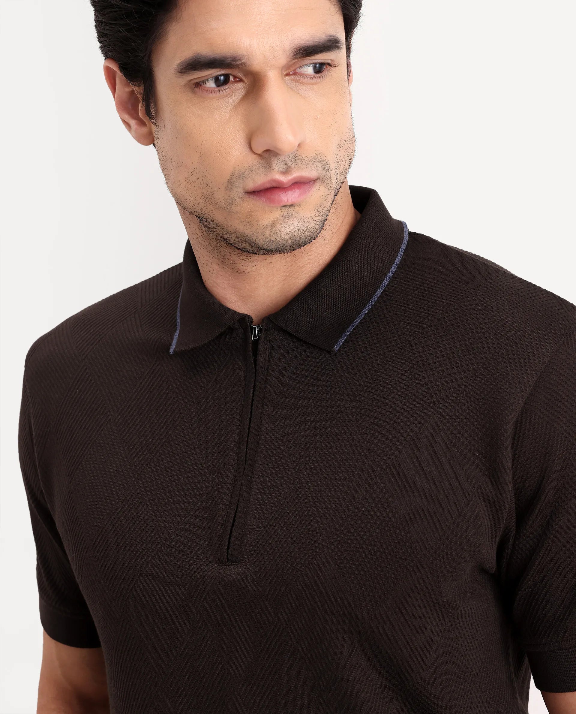 Rare Rabbit Men's Argyn Dark Brown Cotton Fabric Half Sleeve Spread Collar Regular Fit Textured Polo