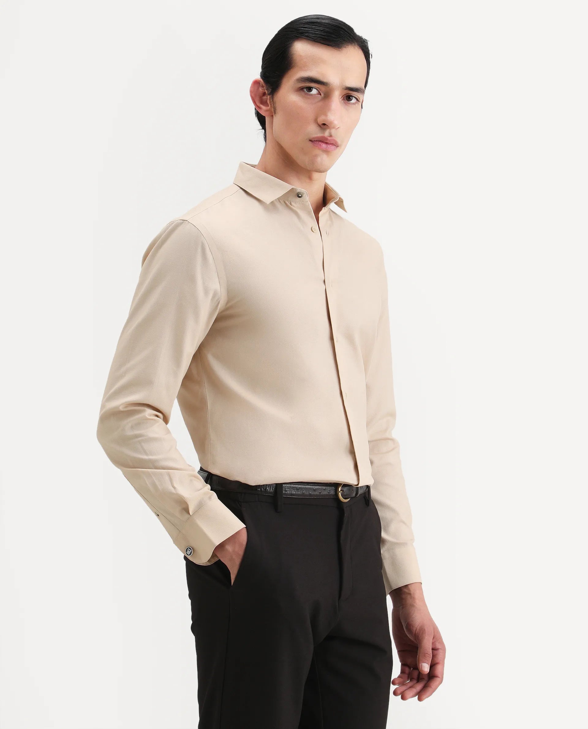 Rare Rabbit Men's Lasko-26 Beige Cotton Fabric Full Sleeve Spread Collar Regular Fit Plain Shirt