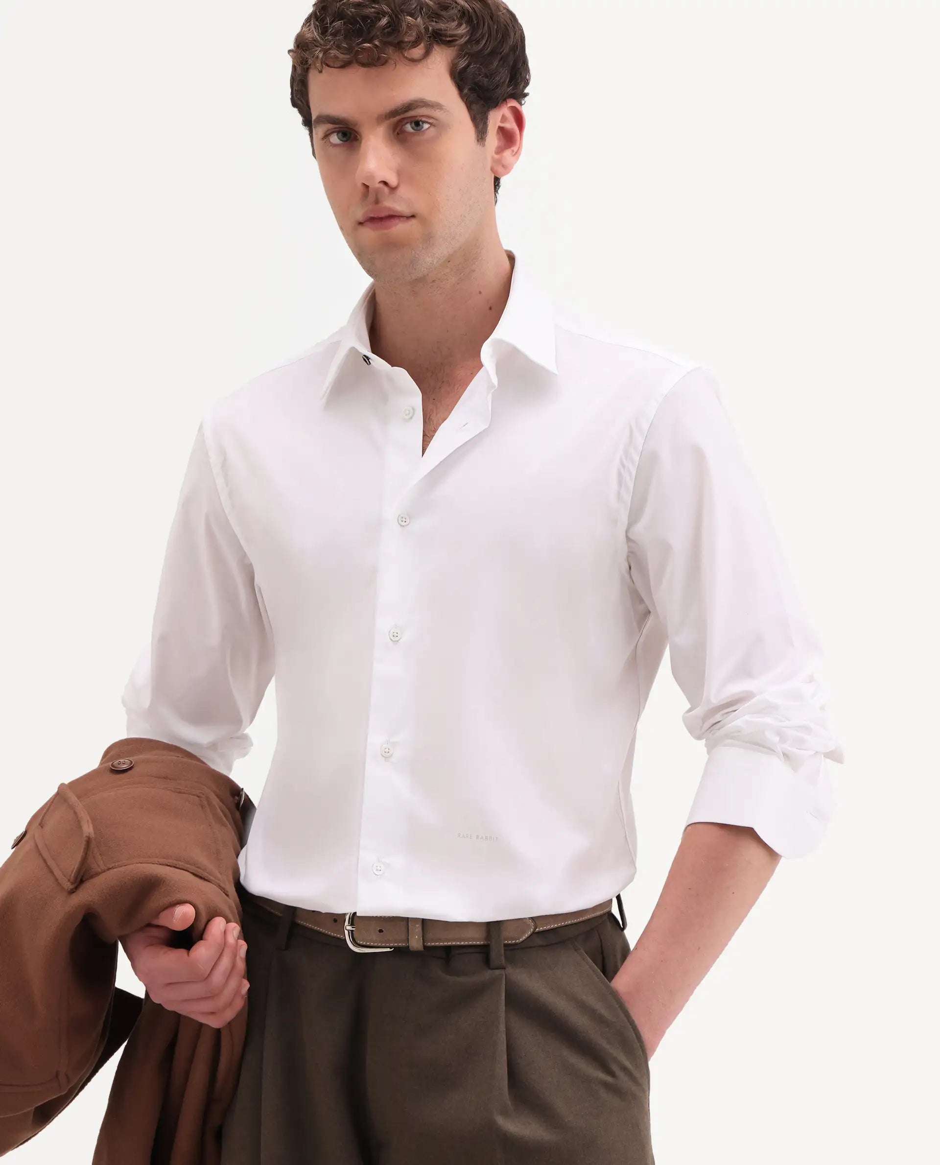 Rare Rabbit Men's Neutron-Ss26 White Cotton Blend Full Sleeve Spread Collar Regular Fit Plain Shirt