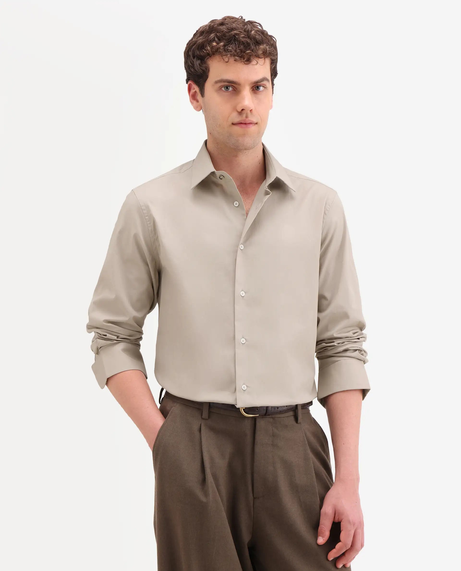 Rare Rabbit Men's Neutron-Ss26 Beige Cotton Blend Full Sleeve Spread Collar Regular Fit Plain Shirt