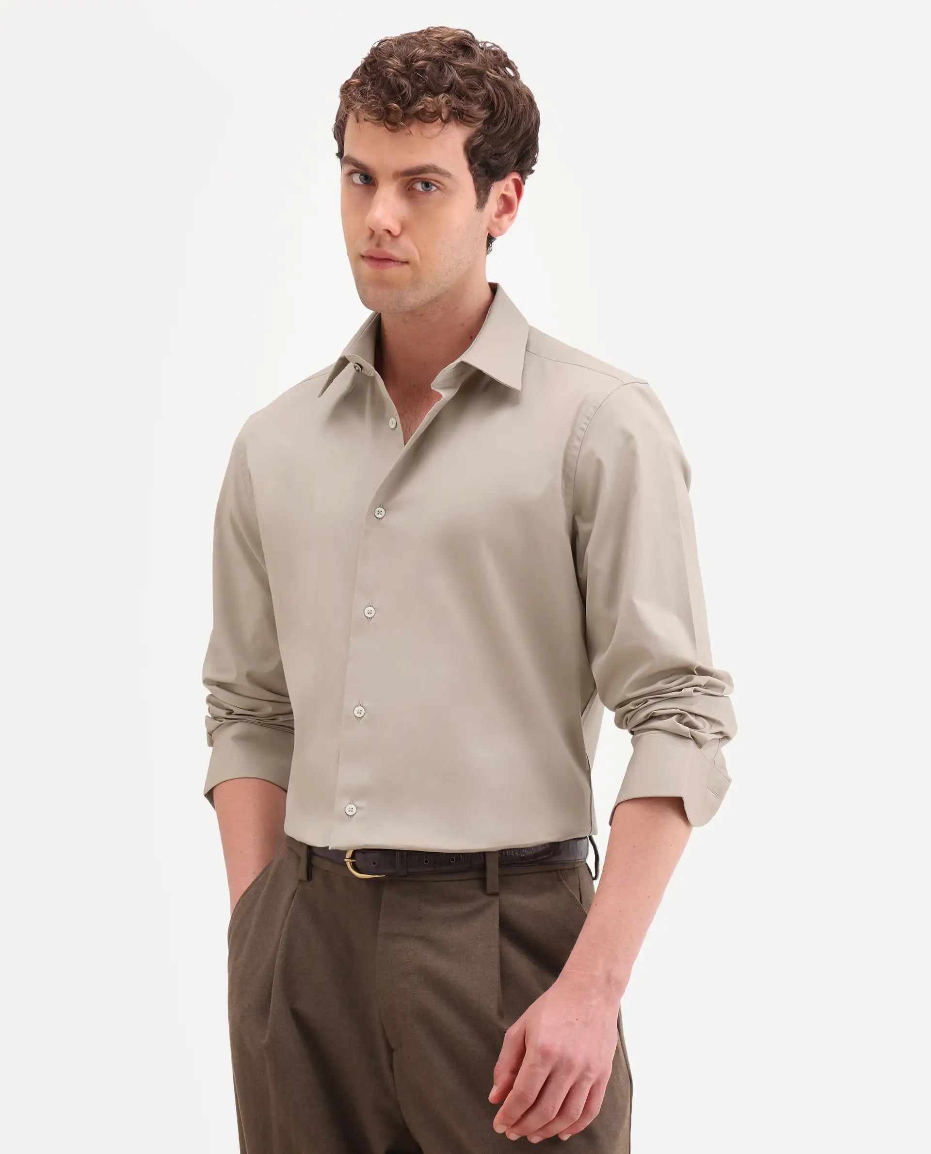 Rare Rabbit Men's Neutron-Ss26 Beige Cotton Blend Full Sleeve Spread Collar Regular Fit Plain Shirt