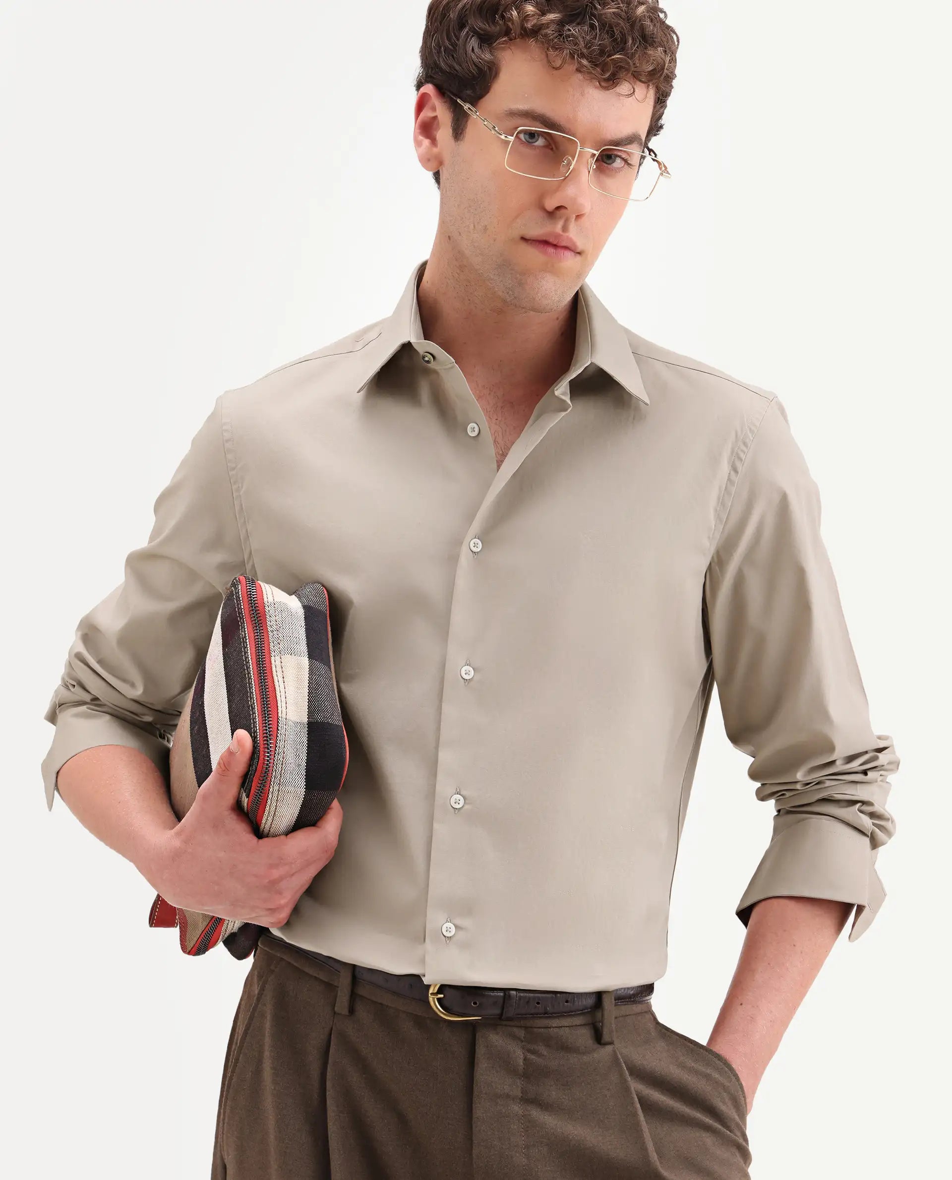 Rare Rabbit Men's Neutron-Ss26 Beige Cotton Blend Full Sleeve Spread Collar Regular Fit Plain Shirt