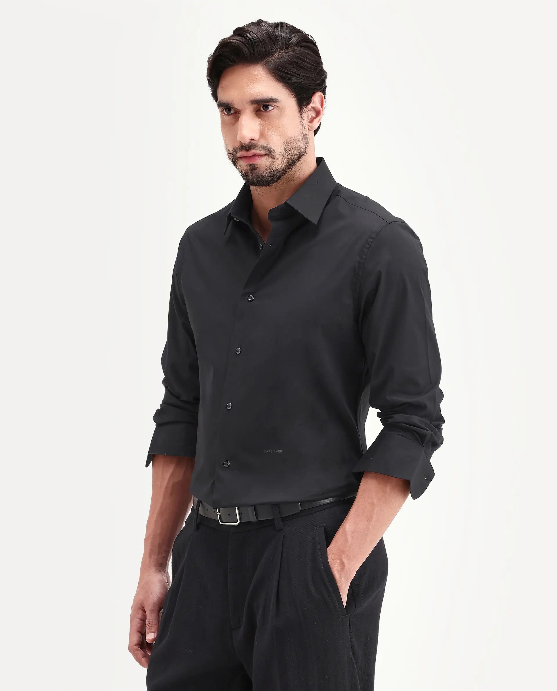 Rare Rabbit Men's Neutron-Ss26 Black Cotton Blend Full Sleeve Spread Collar Regular Fit Plain Shirt