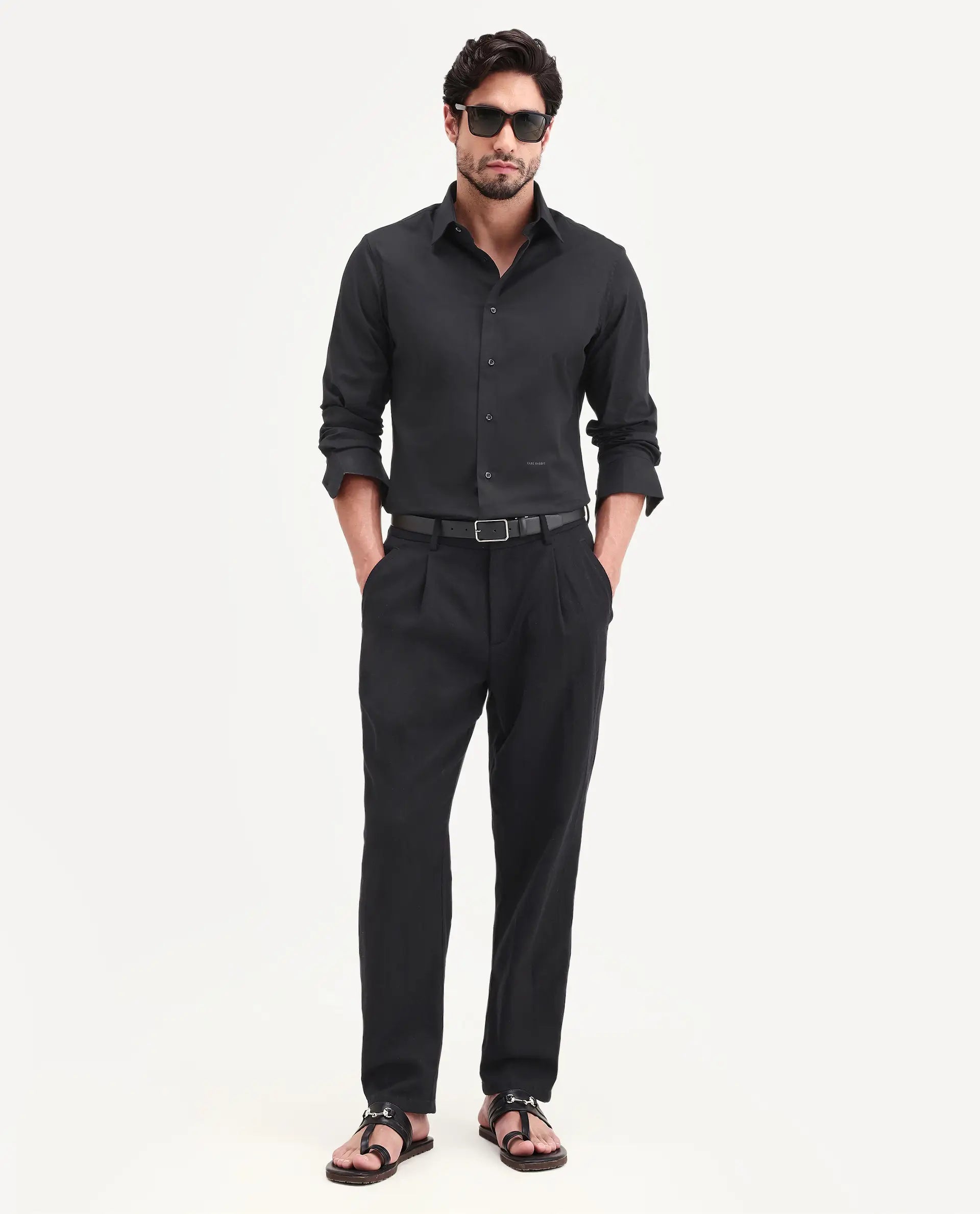 Rare Rabbit Men's Neutron-Ss26 Black Cotton Blend Full Sleeve Spread Collar Regular Fit Plain Shirt