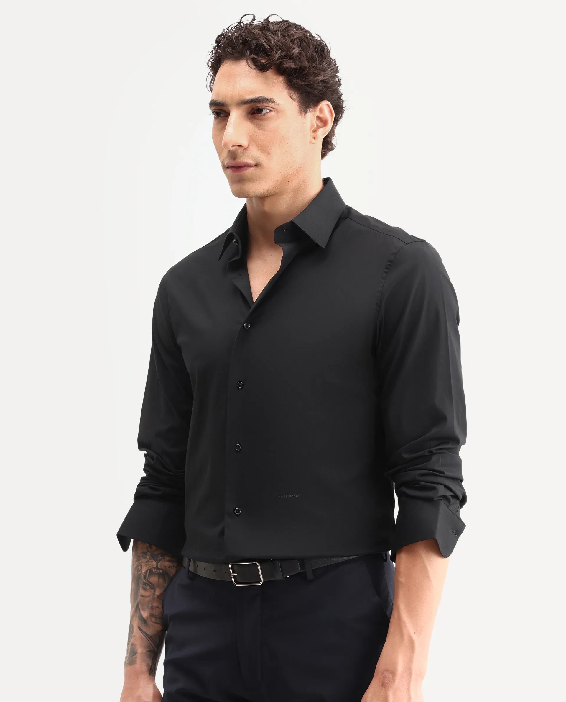 Rare Rabbit Men's Neutron-Ss26 Black Cotton Blend Full Sleeve Spread Collar Regular Fit Plain Shirt