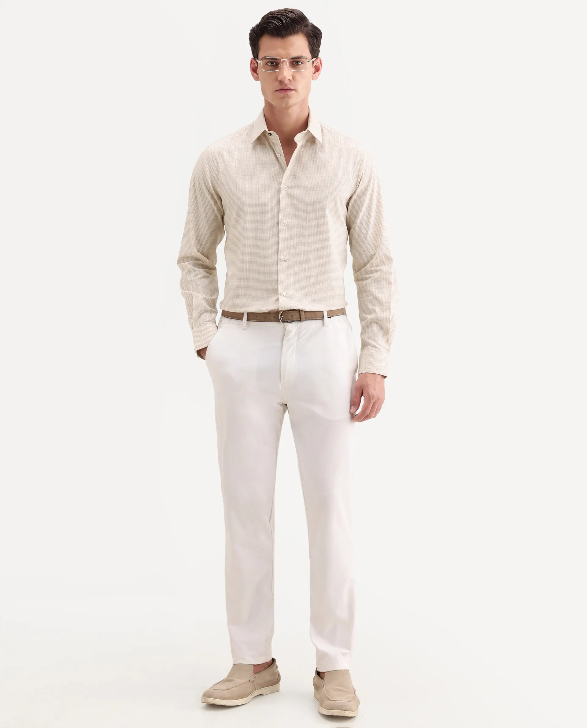 Rare Rabbit Men's Ning Light Beige Cotton Full Sleeve Spread Collar Regular Fit Geometric Shirt