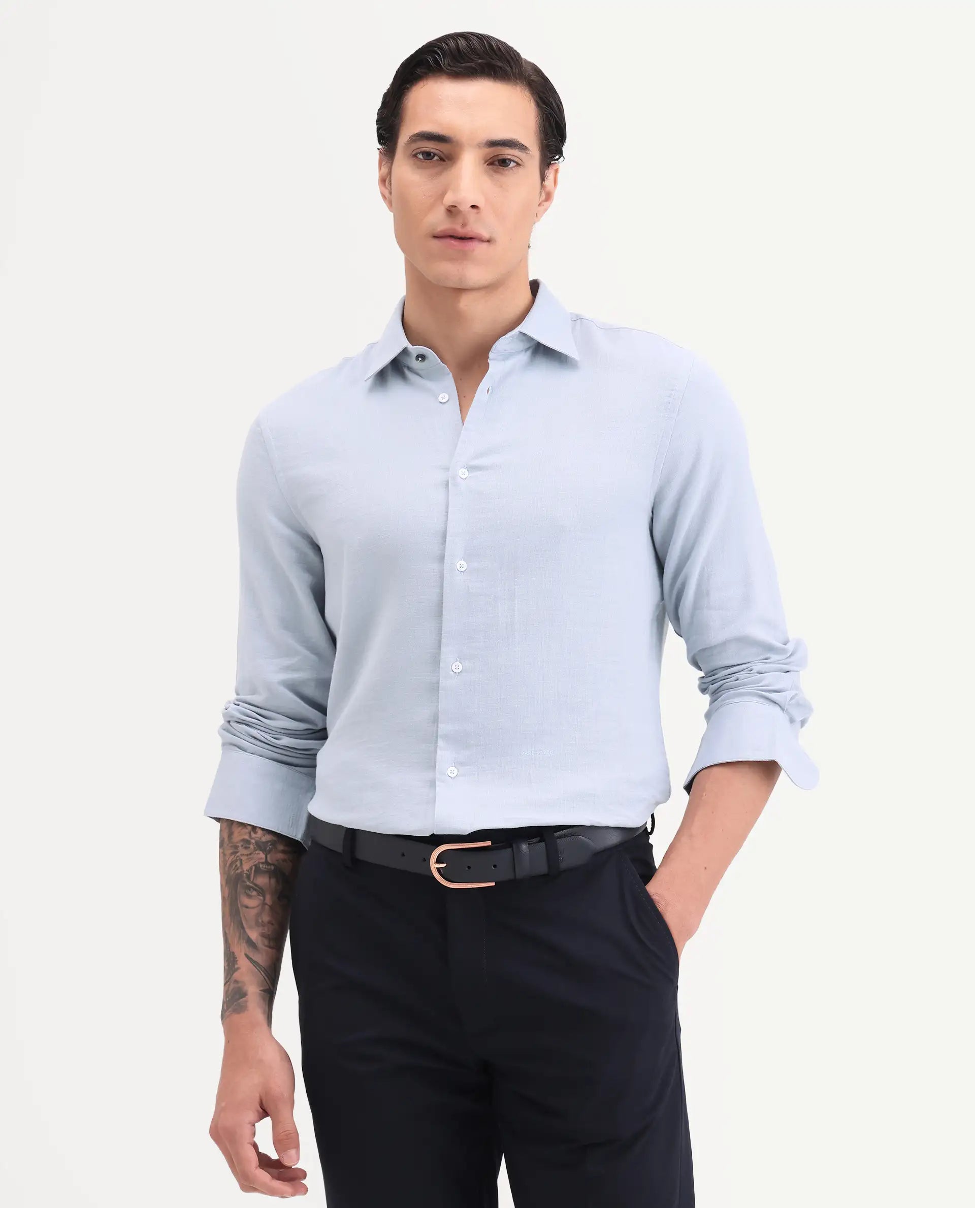 Rare Rabbit Men's Raxo Dusky Blue Cotton Fabric Full Sleeve Spread Collar Regular Fit Plain Shirt