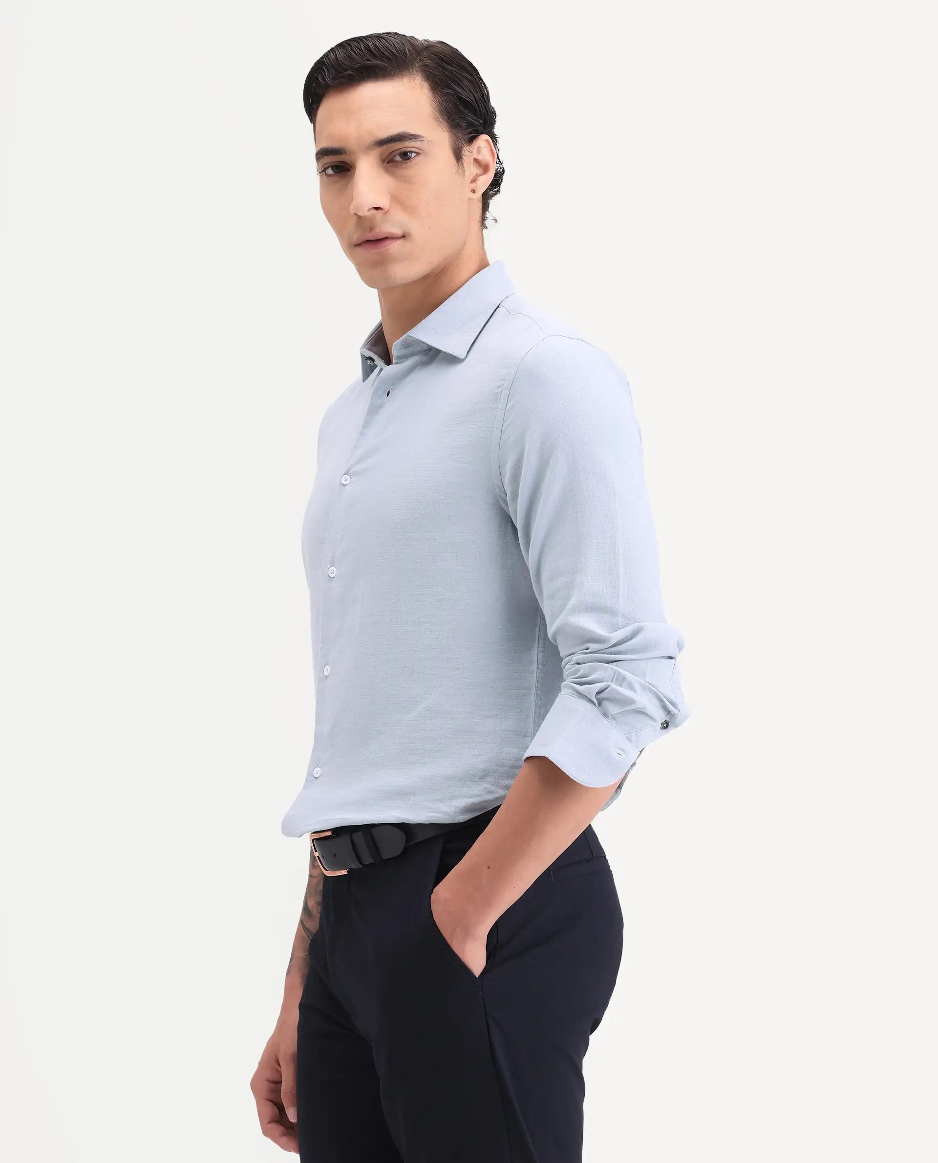 Rare Rabbit Men's Raxo Dusky Blue Cotton Fabric Full Sleeve Spread Collar Regular Fit Plain Shirt