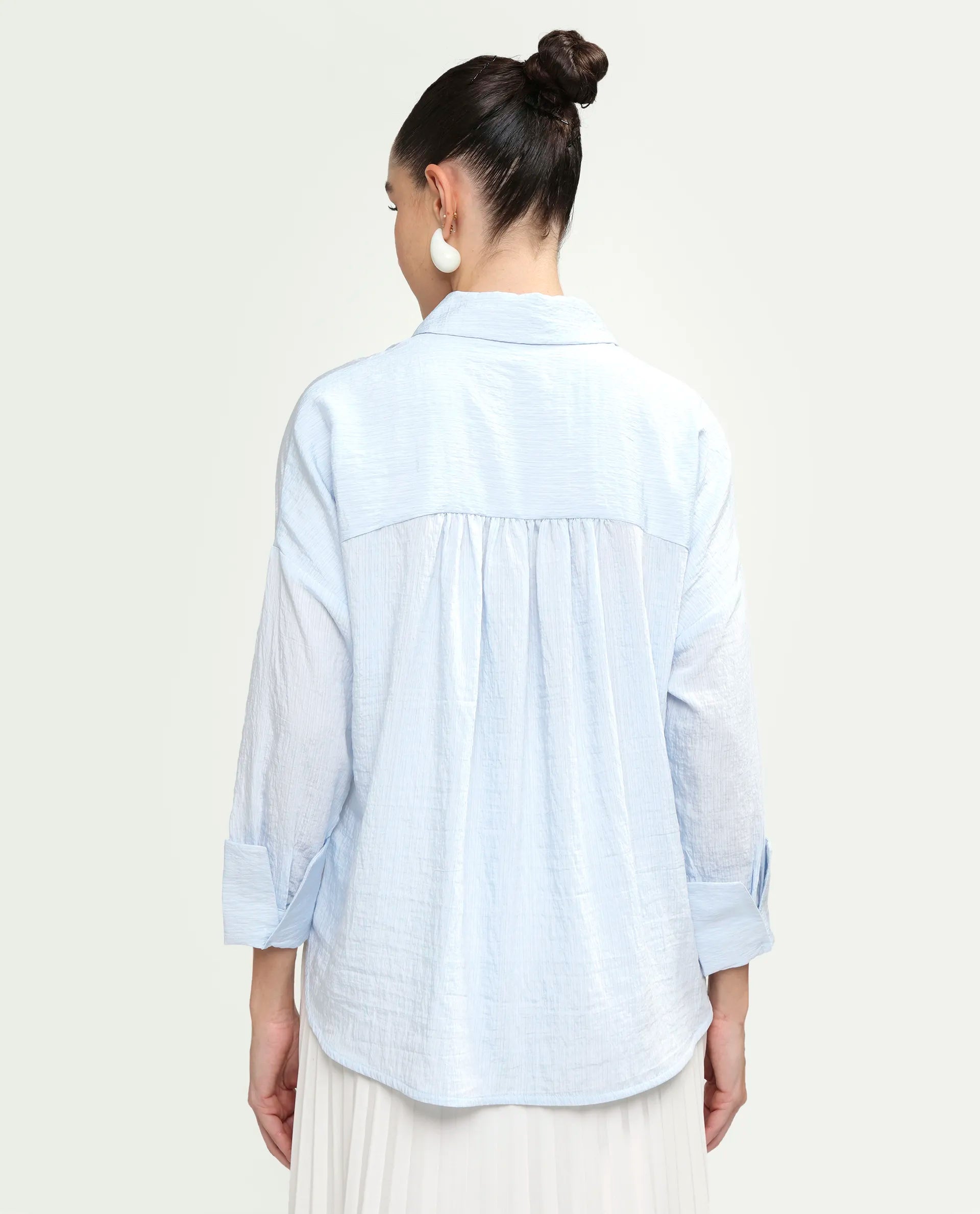 Rareism Women's Davi Light Blue Viscose Blend Full Sleeve Collared Relaxed Plain Shirt