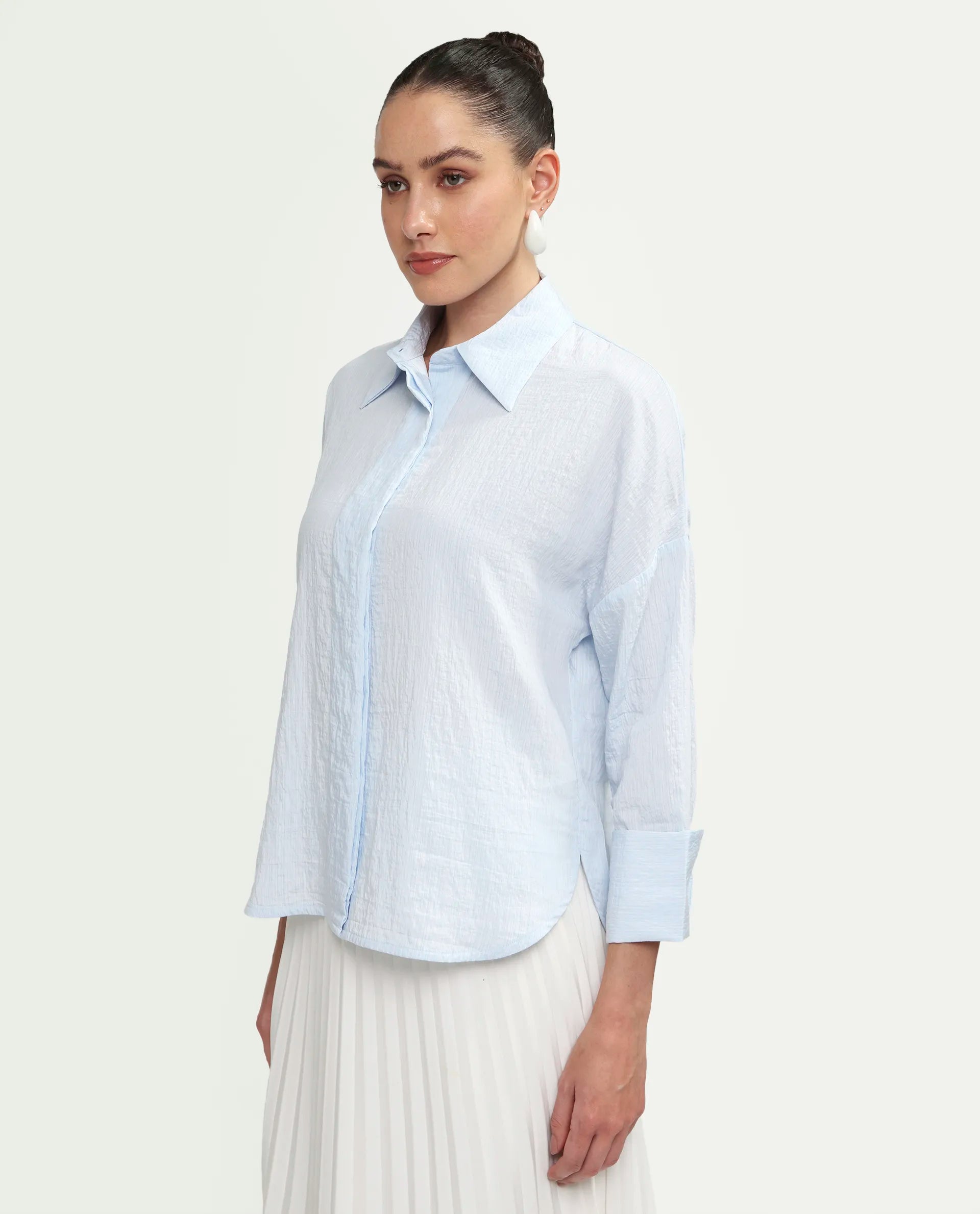 Rareism Women's Davi Light Blue Viscose Blend Full Sleeve Collared Relaxed Plain Shirt