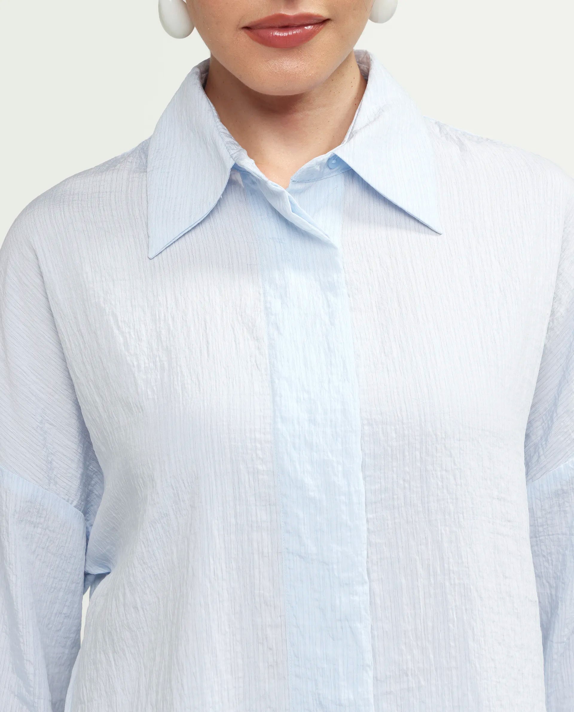 Rareism Women's Davi Light Blue Viscose Blend Full Sleeve Collared Relaxed Plain Shirt