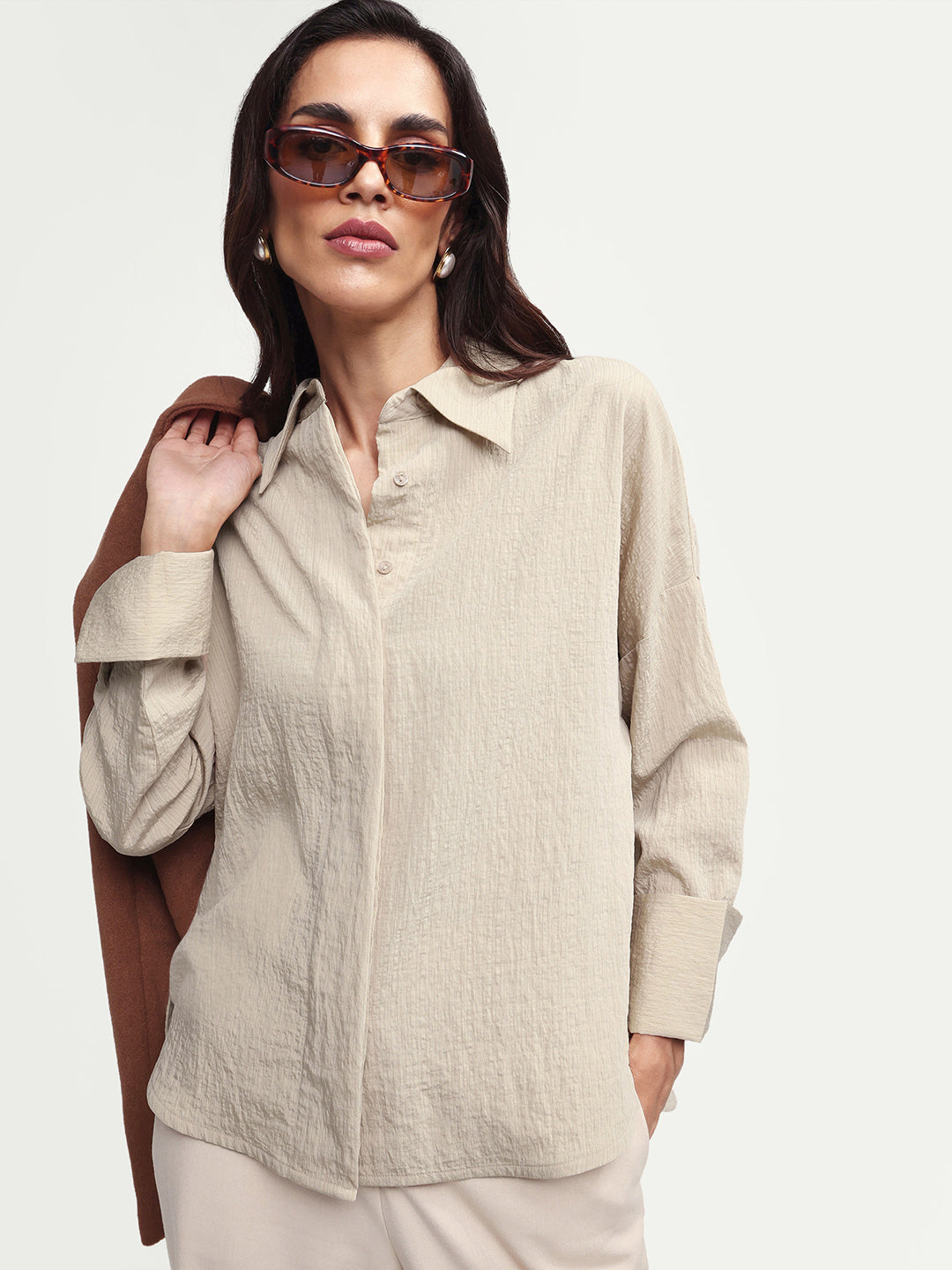 Rareism Women's Davi Beige Viscose Blend Full Sleeve Spread Collar Button Oversized Plain Shirt