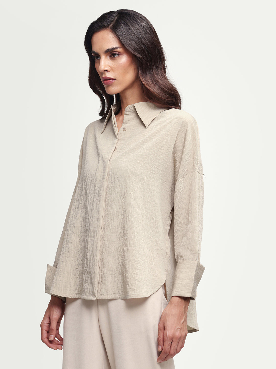 Rareism Women's Davi Beige Viscose Blend Full Sleeve Spread Collar Button Oversized Plain Shirt