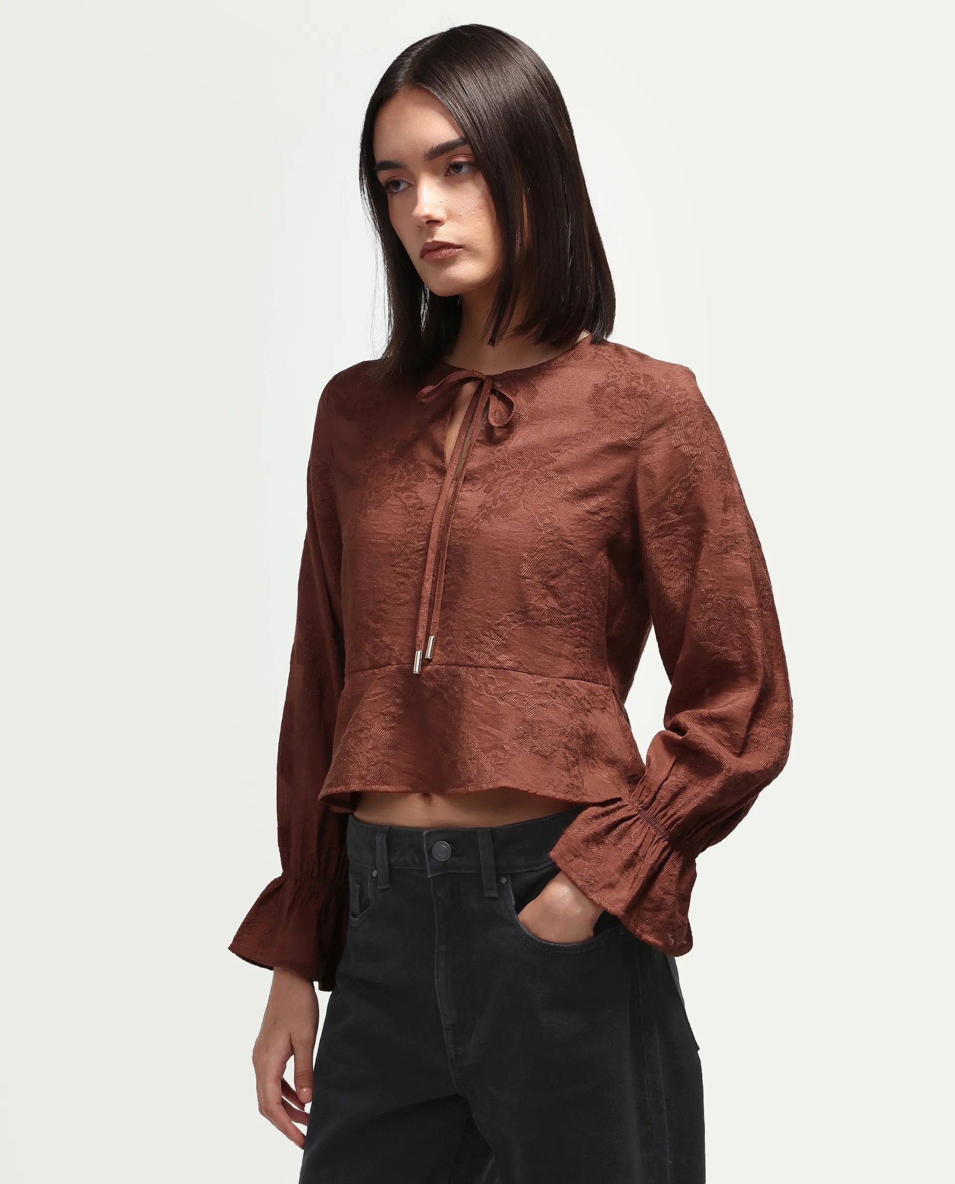 Rareism Women's Daro Rust Viscose Blend Tie-Up Regular Plain Top